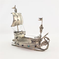 Antique Plated Cast Nef Viking Styled Ship or Galleon with Inset Cabochon Stones