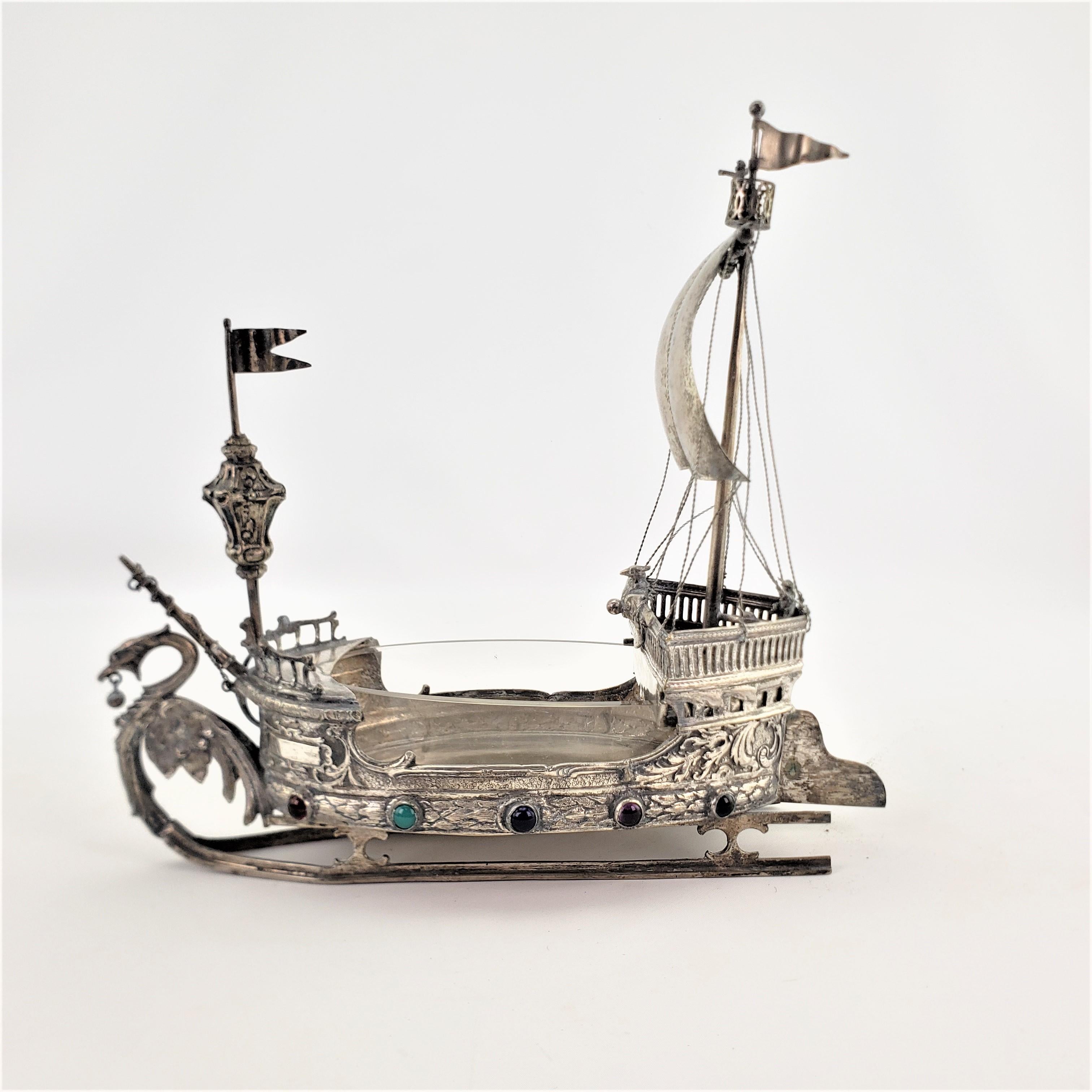 Spanish Colonial Antique Plated Cast Nef Viking Styled Ship or Galleon with Inset Cabochon Stones