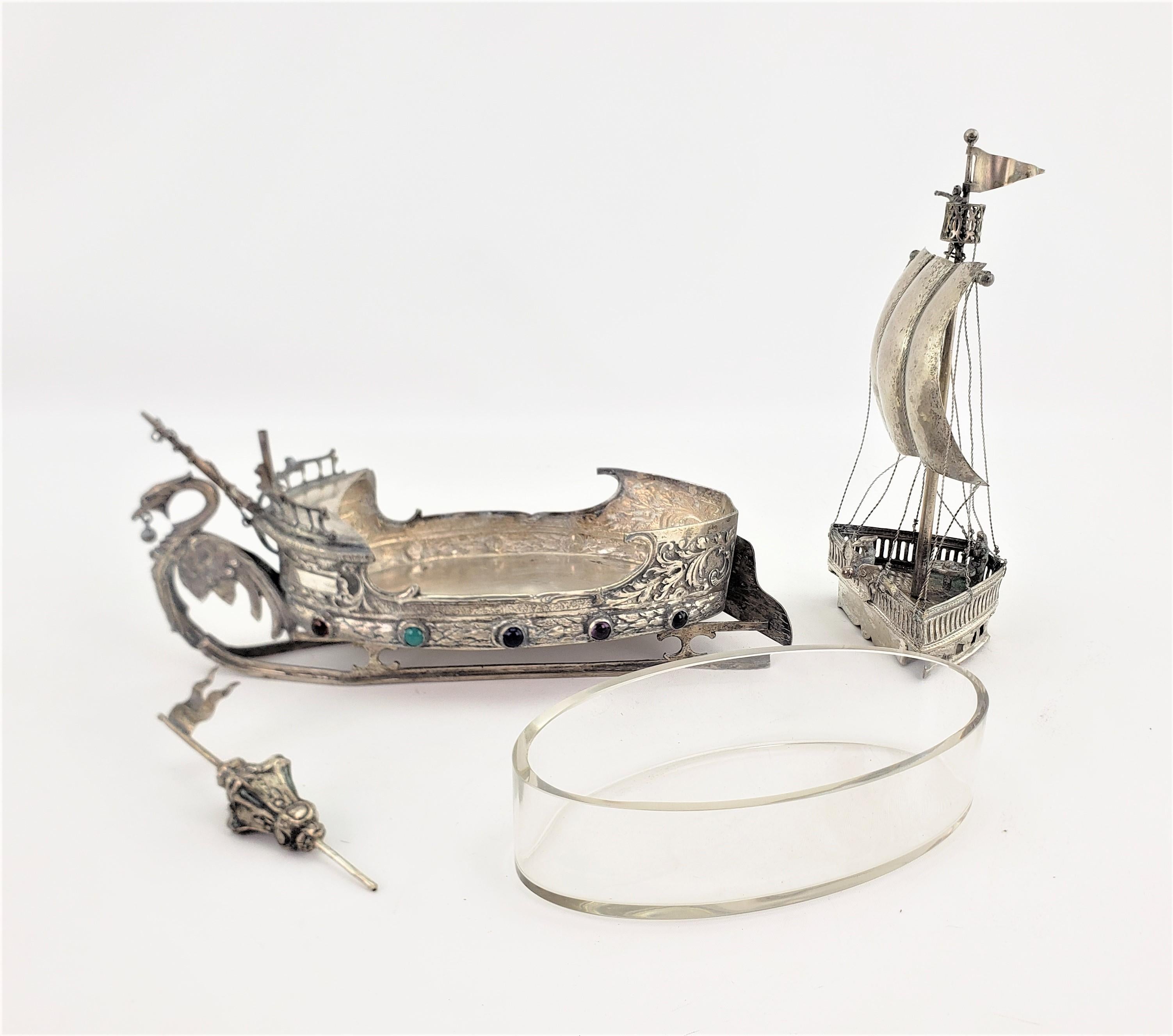 Antique Plated Cast Nef Viking Styled Ship or Galleon with Inset Cabochon Stones In Good Condition In Hamilton, Ontario