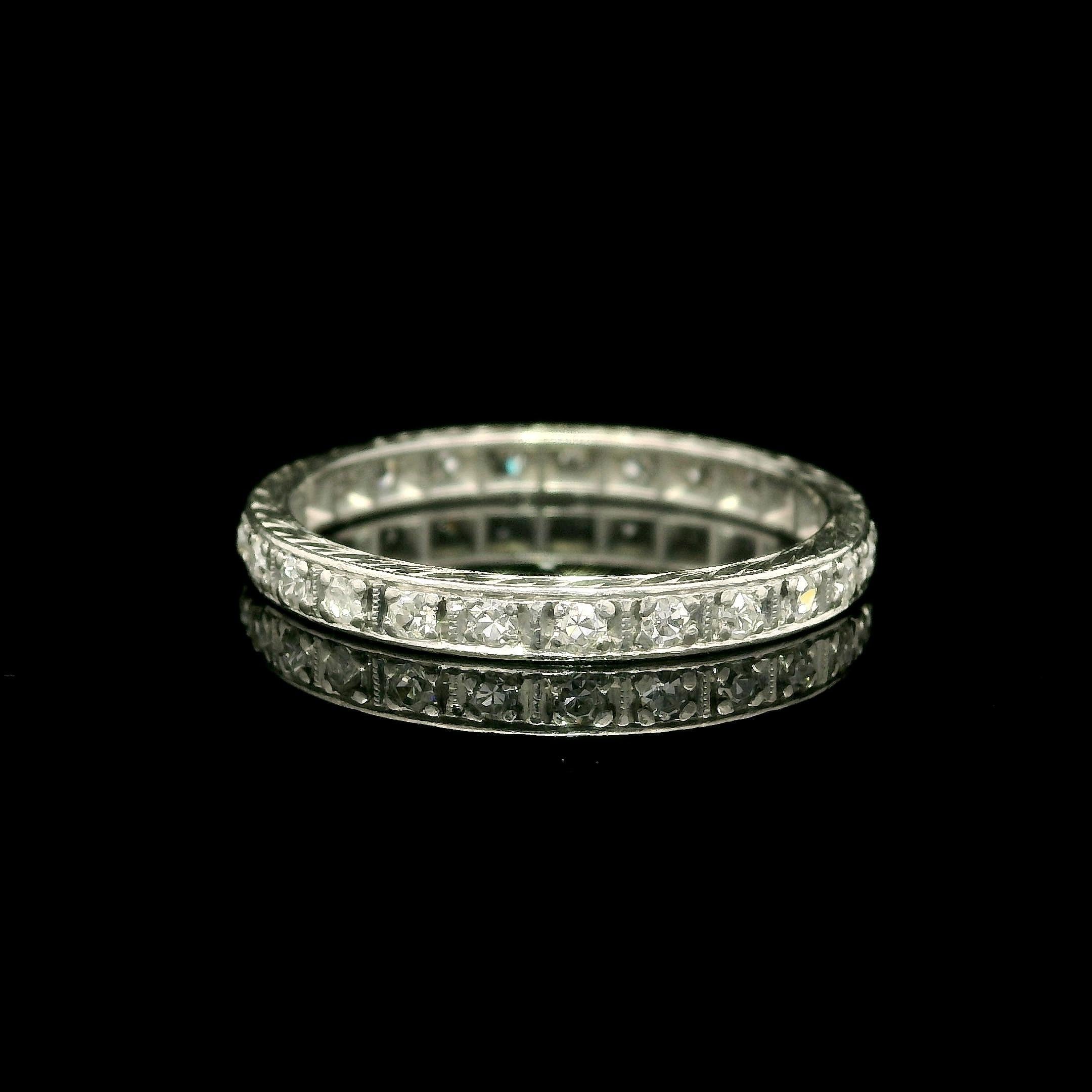 Single Cut Antique Platinum 0.30ctw Diamond Engraved Sided Stack Eternity Band Ring sz 6.5 For Sale