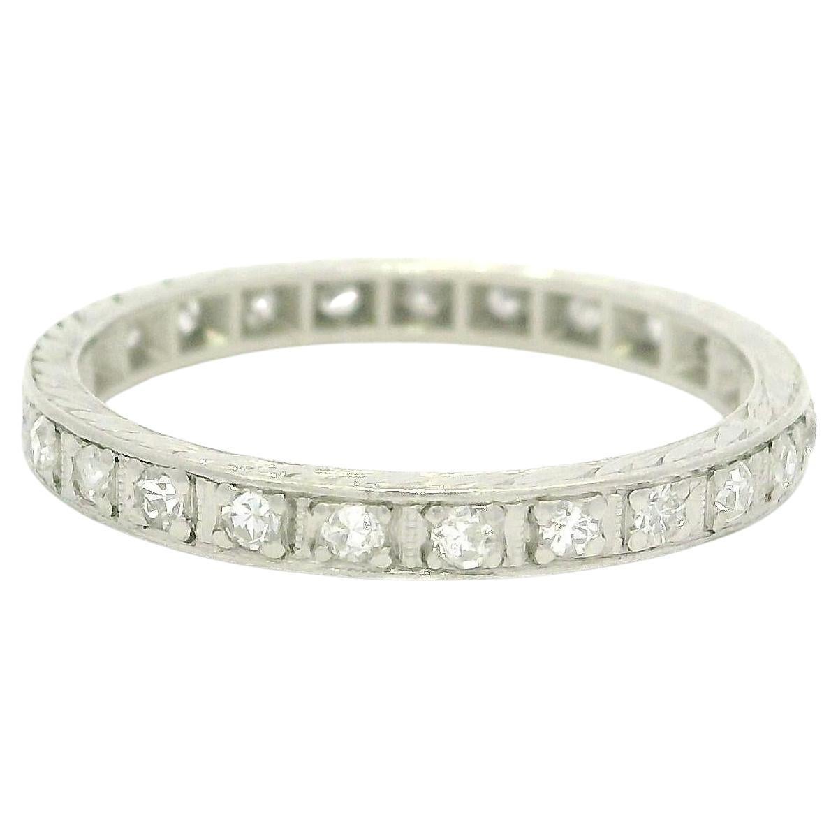Antique Platinum 0.30ctw Diamond Engraved Sided Stack Eternity Band Ring sz 6.5 For Sale