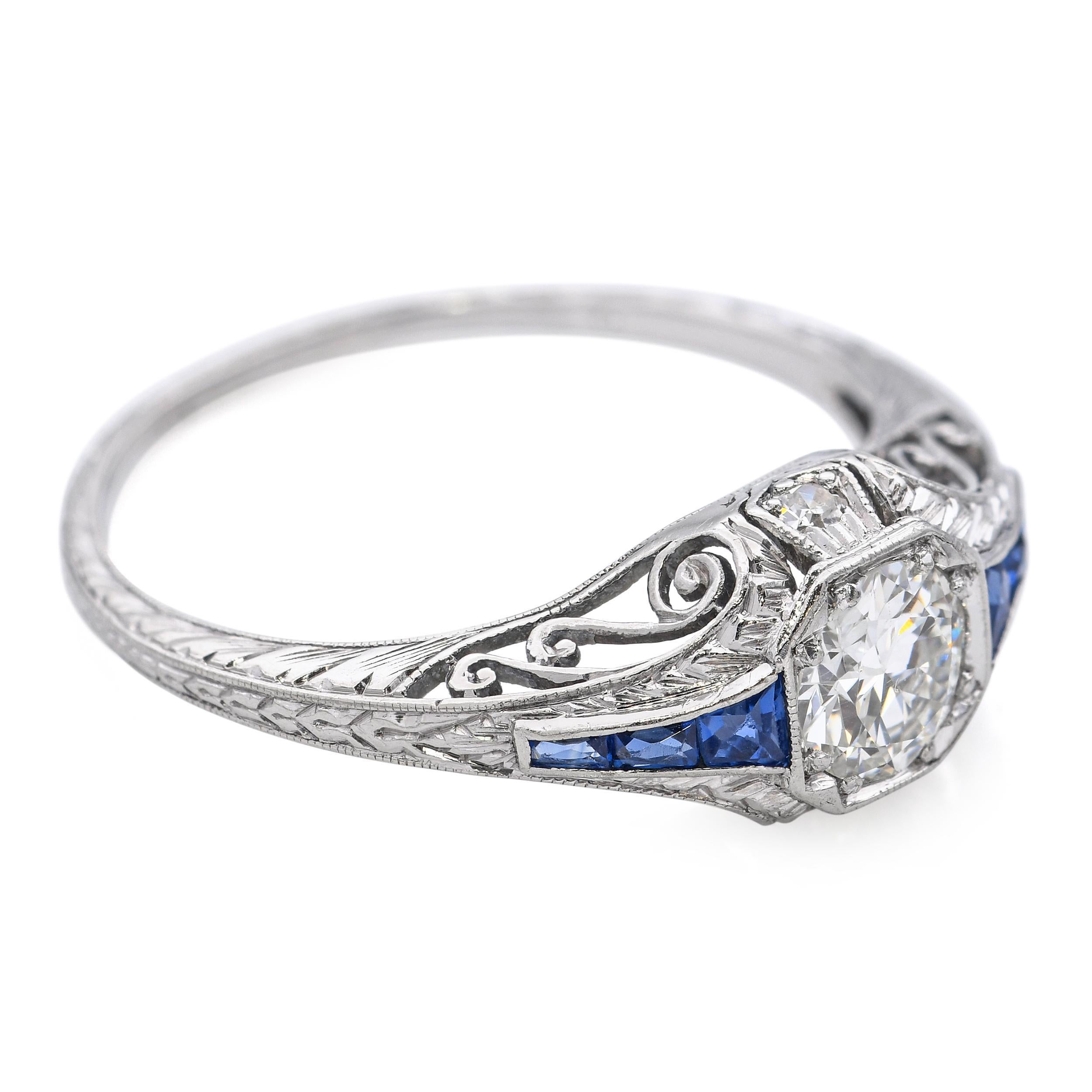 Anillo de compromiso de platino antiguo con diamantes y zafiros de 0,52 ct en venta 1