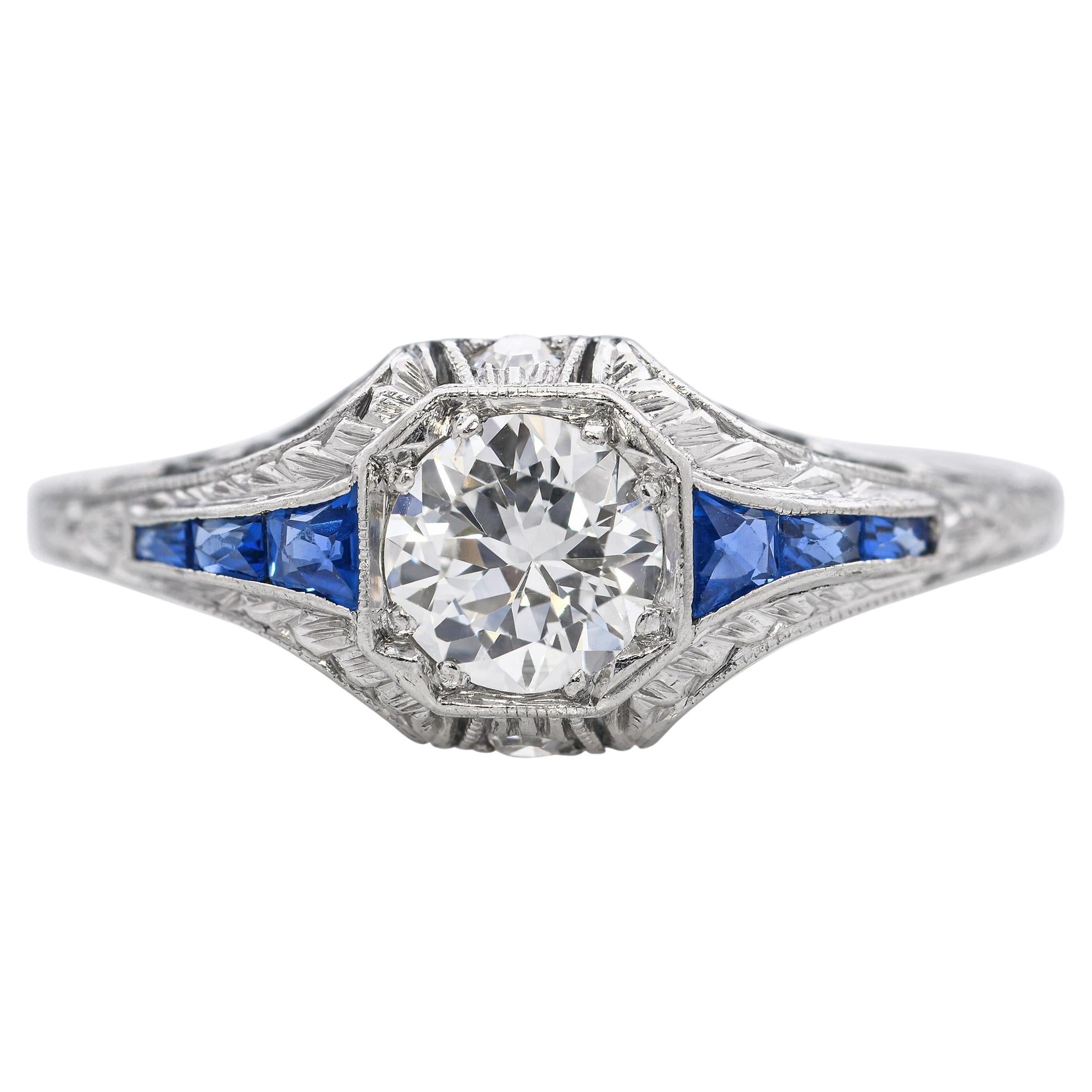 Anillo de compromiso de platino antiguo con diamantes y zafiros de 0,52 ct
