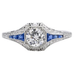 Antique Platinum 0.52ct Diamond and Sapphire Engagement Ring