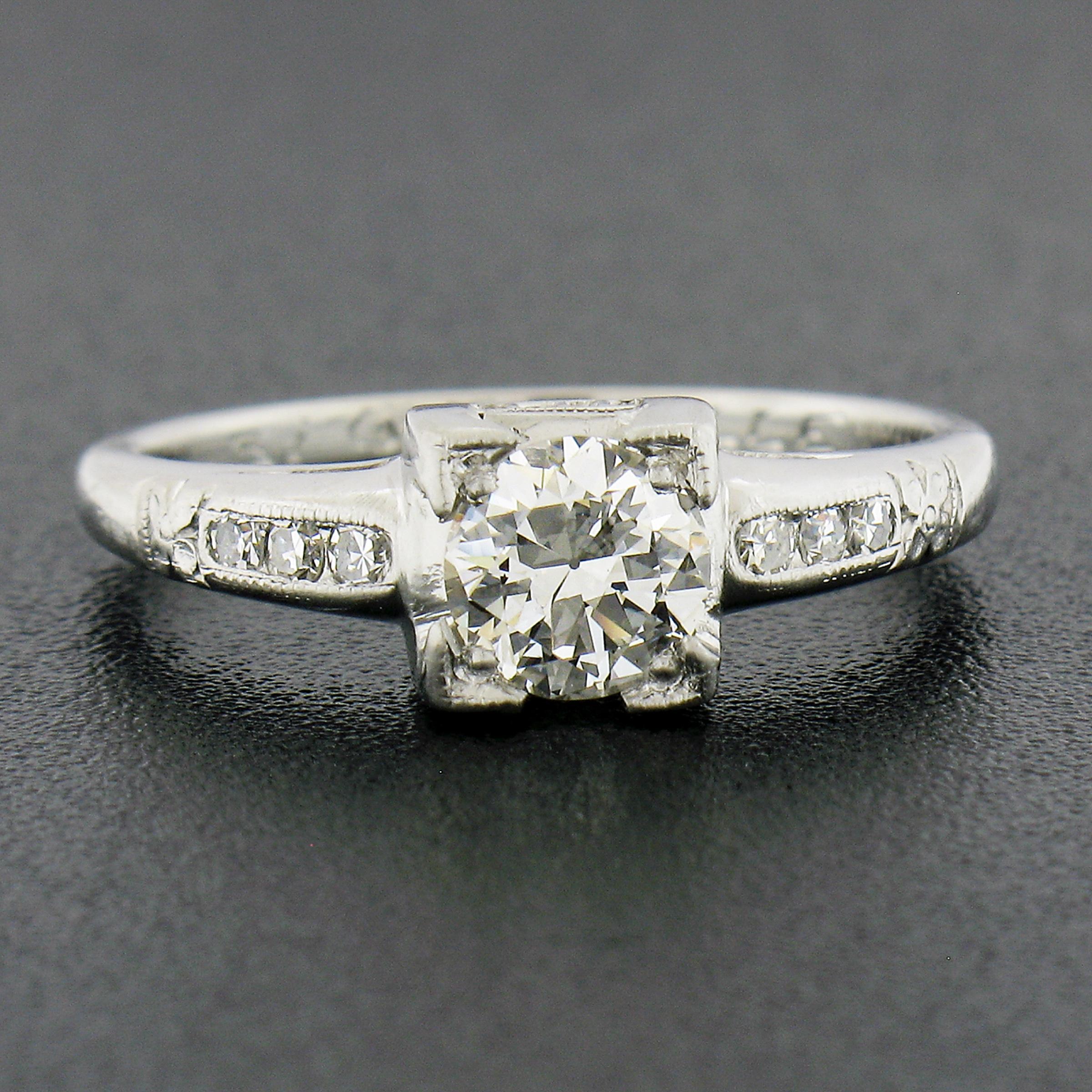 Art Deco Antique Platinum 0.60ctw Old European Cut Diamond Floral Work Engagement Ring For Sale