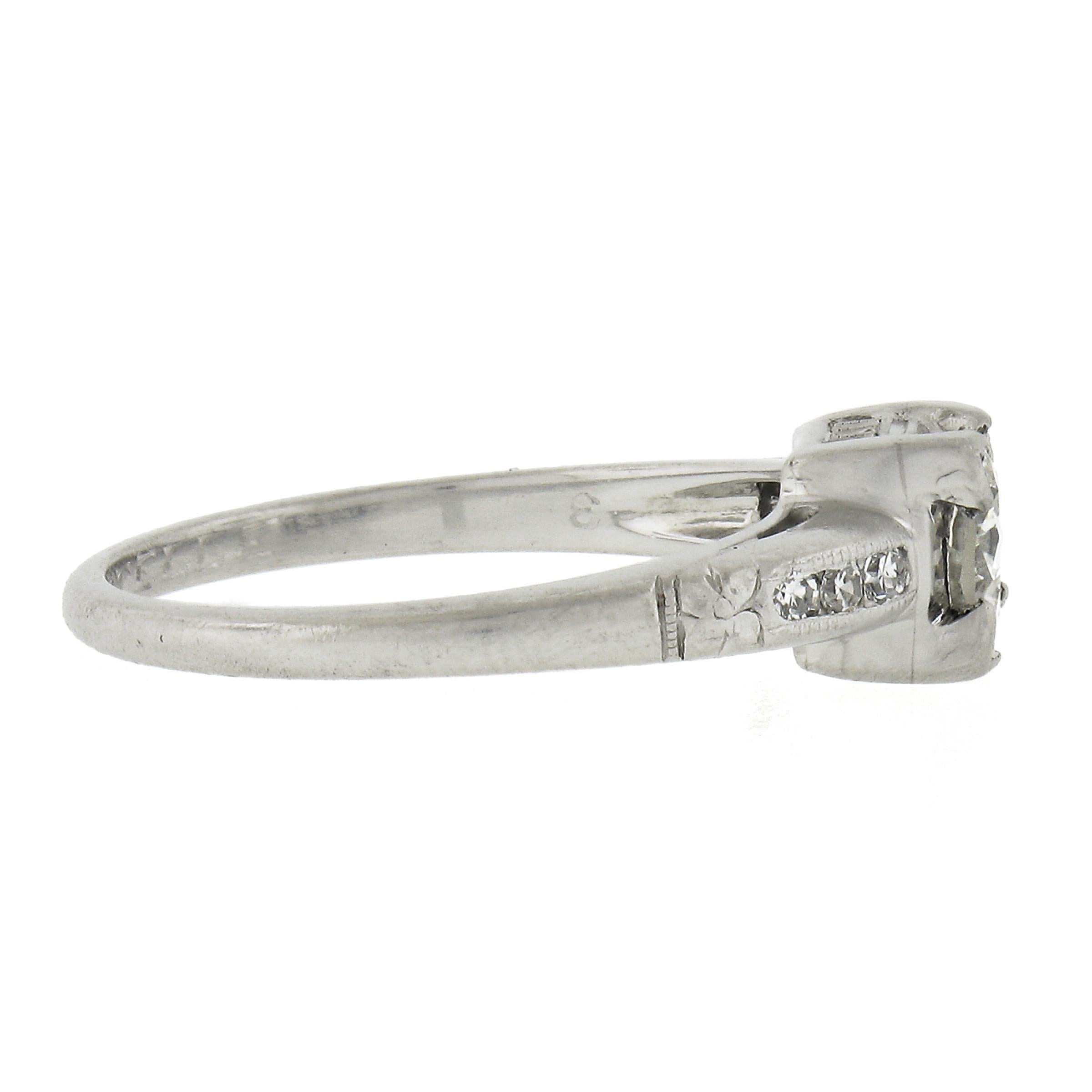 Women's Antique Platinum 0.60ctw Old European Cut Diamond Floral Work Engagement Ring For Sale