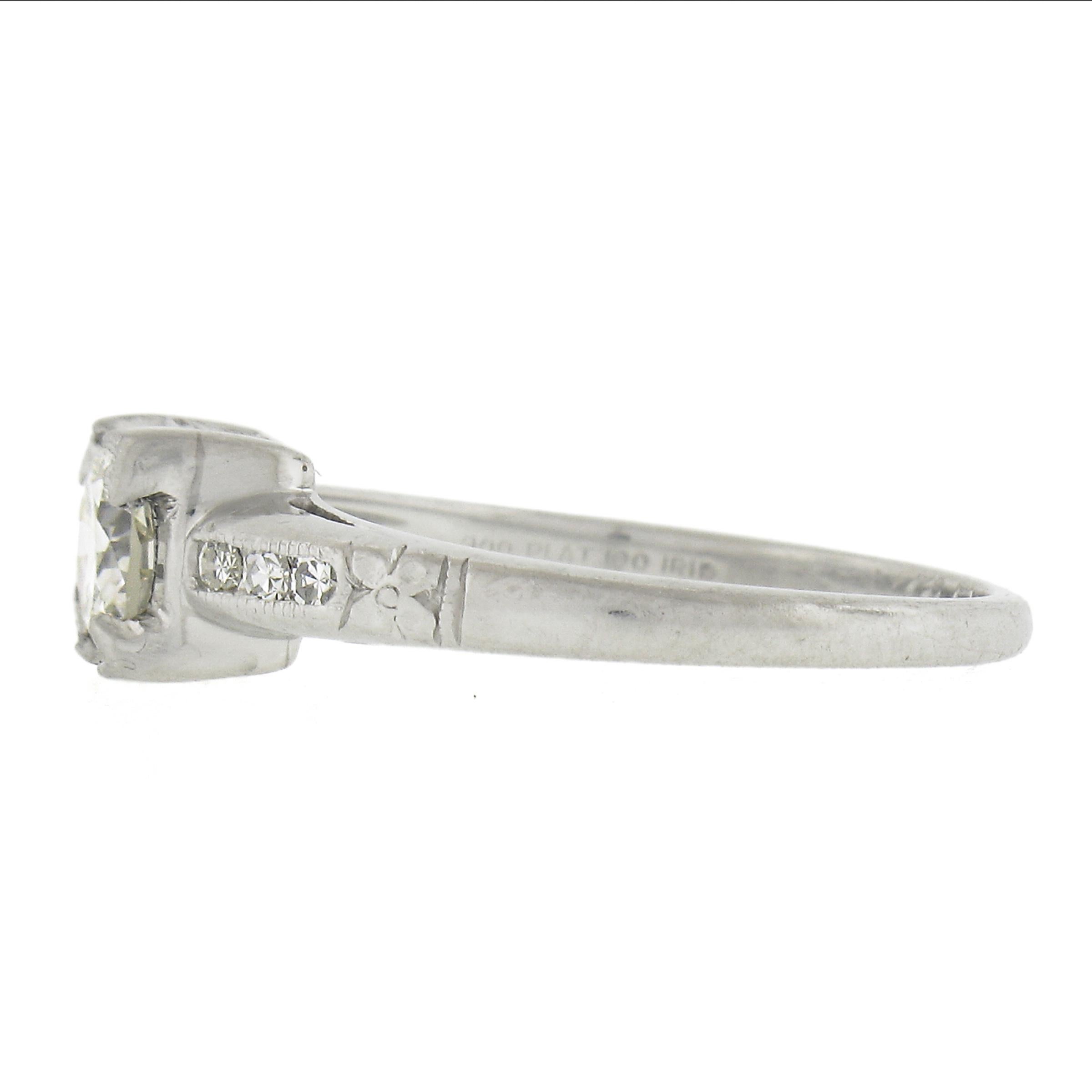 Antique Platinum 0.60ctw Old European Cut Diamond Floral Work Engagement Ring For Sale 1
