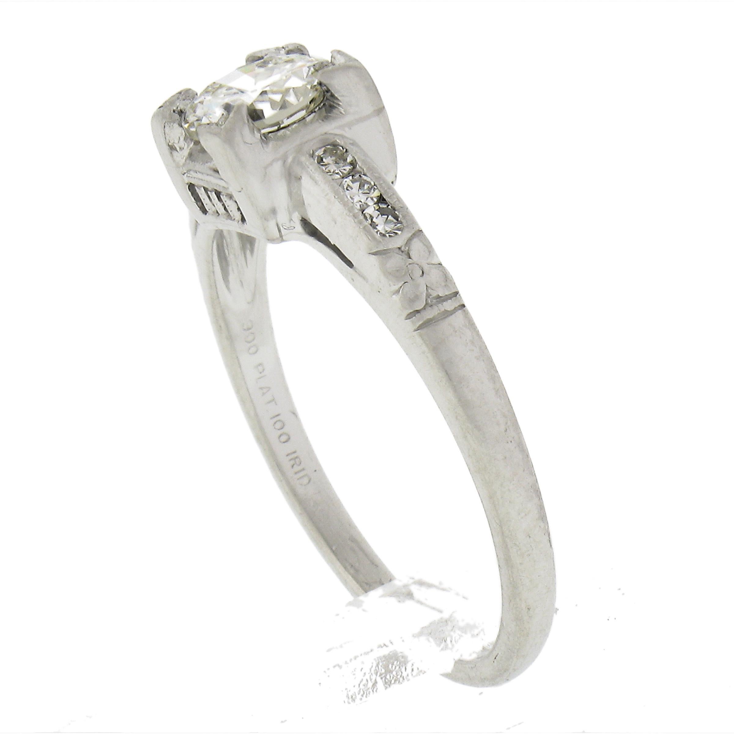 Antique Platinum 0.60ctw Old European Cut Diamond Floral Work Engagement Ring For Sale 3