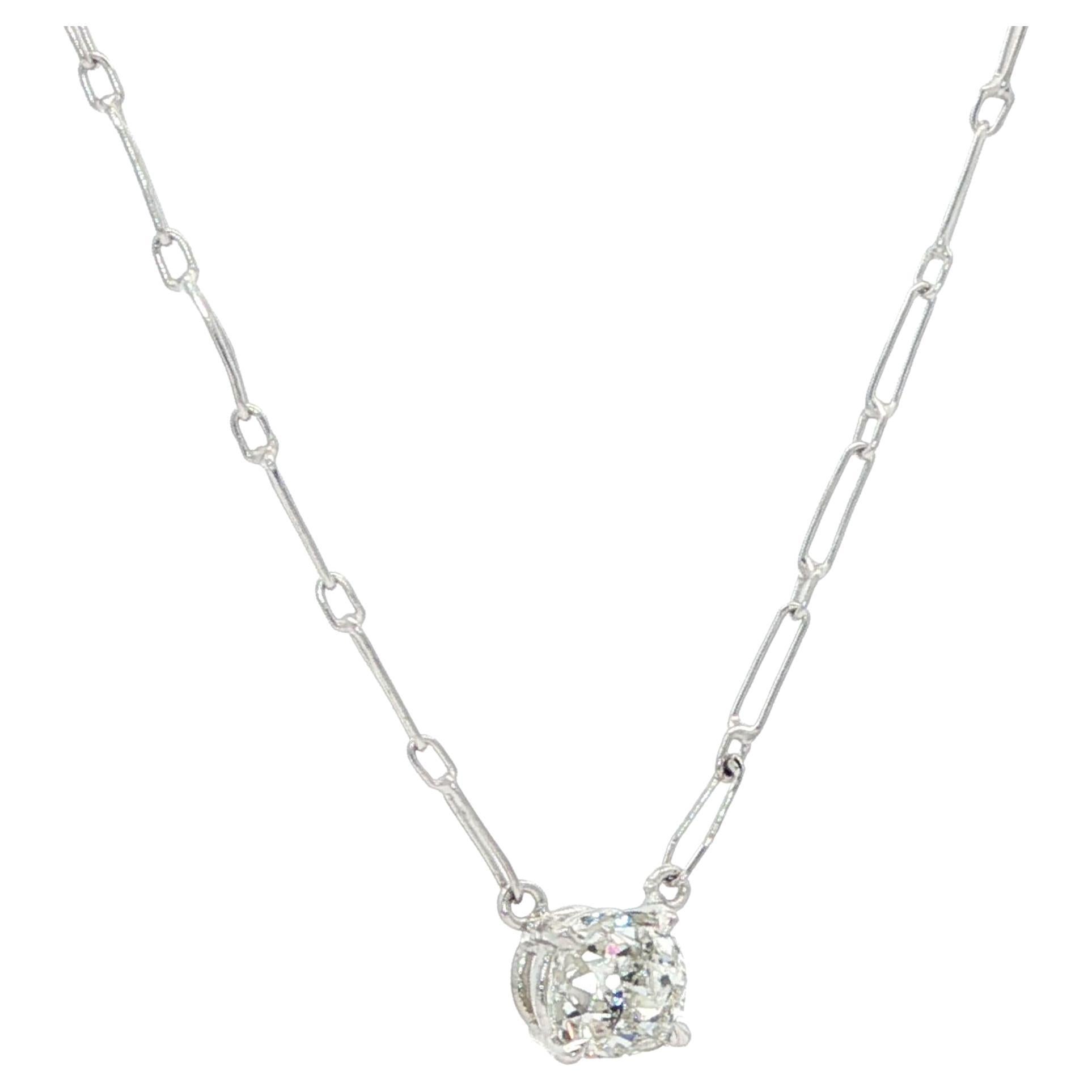 Antique Platinum 0.71ct Old Mine Cut Diamond Solitaire HandMade Pendant Necklace