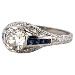 Antique Platinum 0.75ctw Center Old European Cut Diamond & 0.32ctw Sapphire Ring