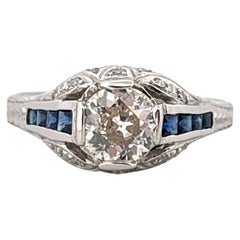 Bague ancienne en platine 0,75 carat centre diamant taille européenne et 0,32 saphir