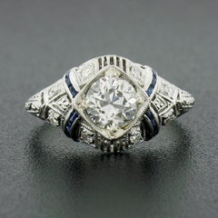 Antique Platinum 1.08ctw GIA European Diamond Solitaire Sapphire Engagement Ring
