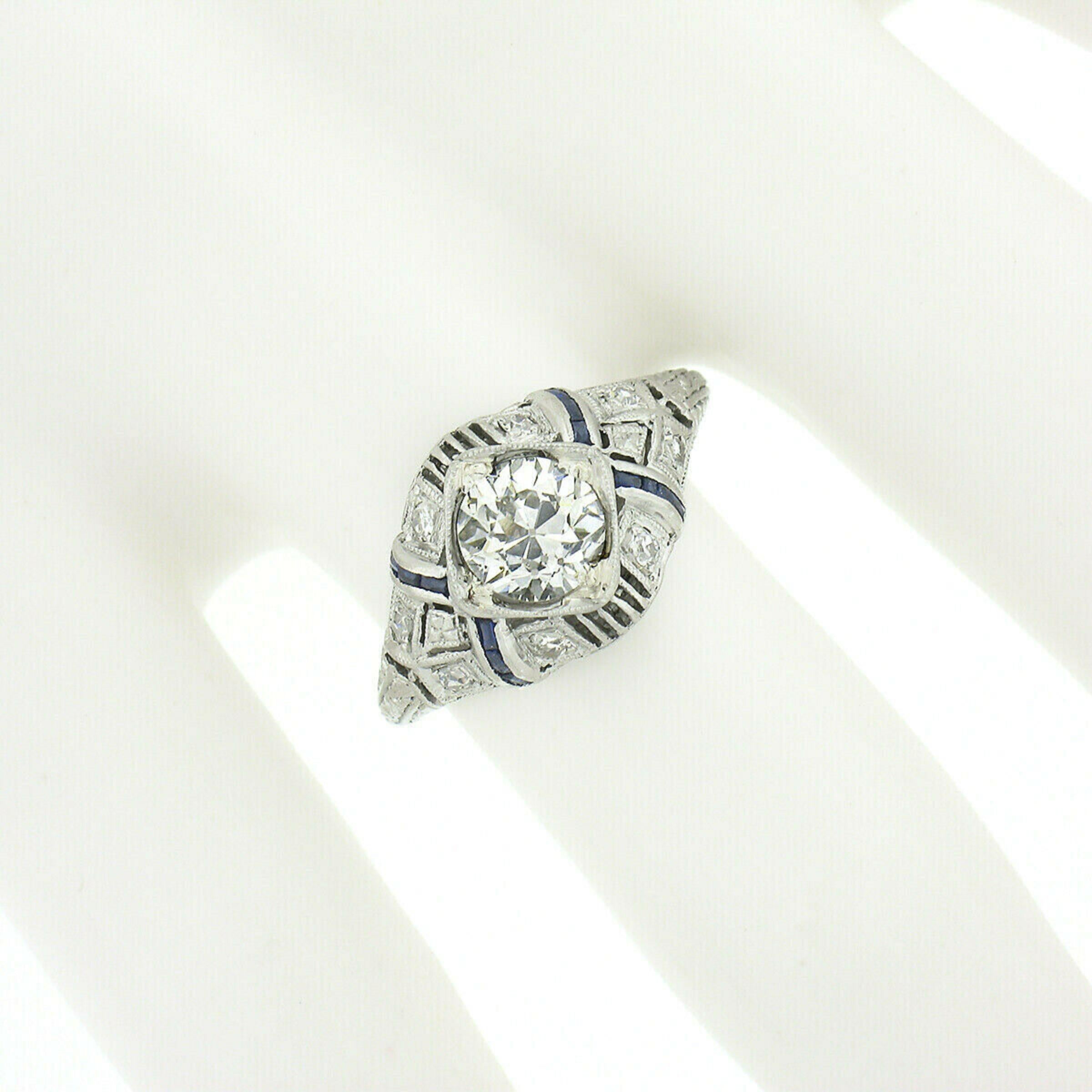 Art Deco Antique Platinum 1.08ctw GIA European Diamond Solitaire Sapphire Engagement Ring For Sale