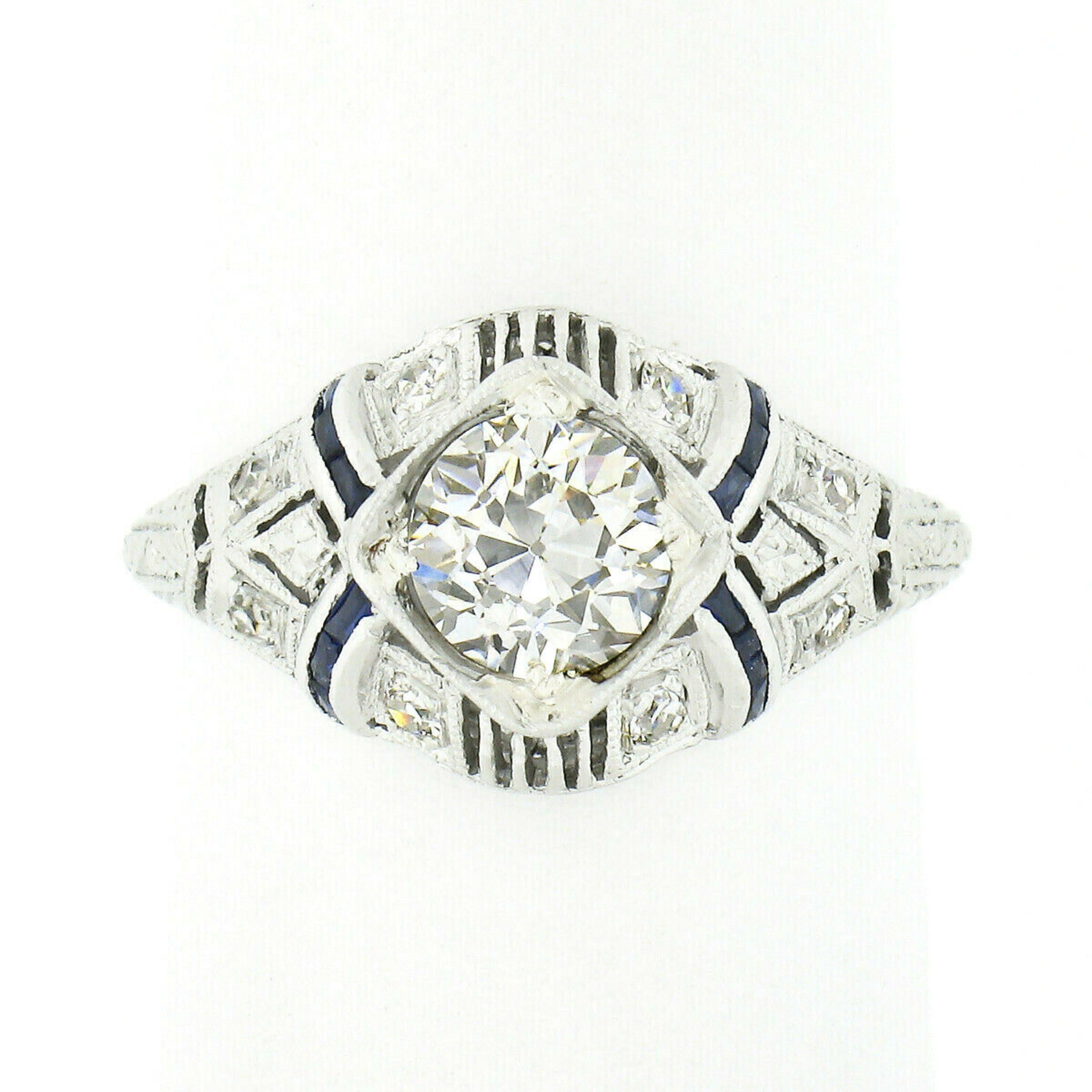 Old European Cut Antique Platinum 1.08ctw GIA European Diamond Solitaire Sapphire Engagement Ring For Sale