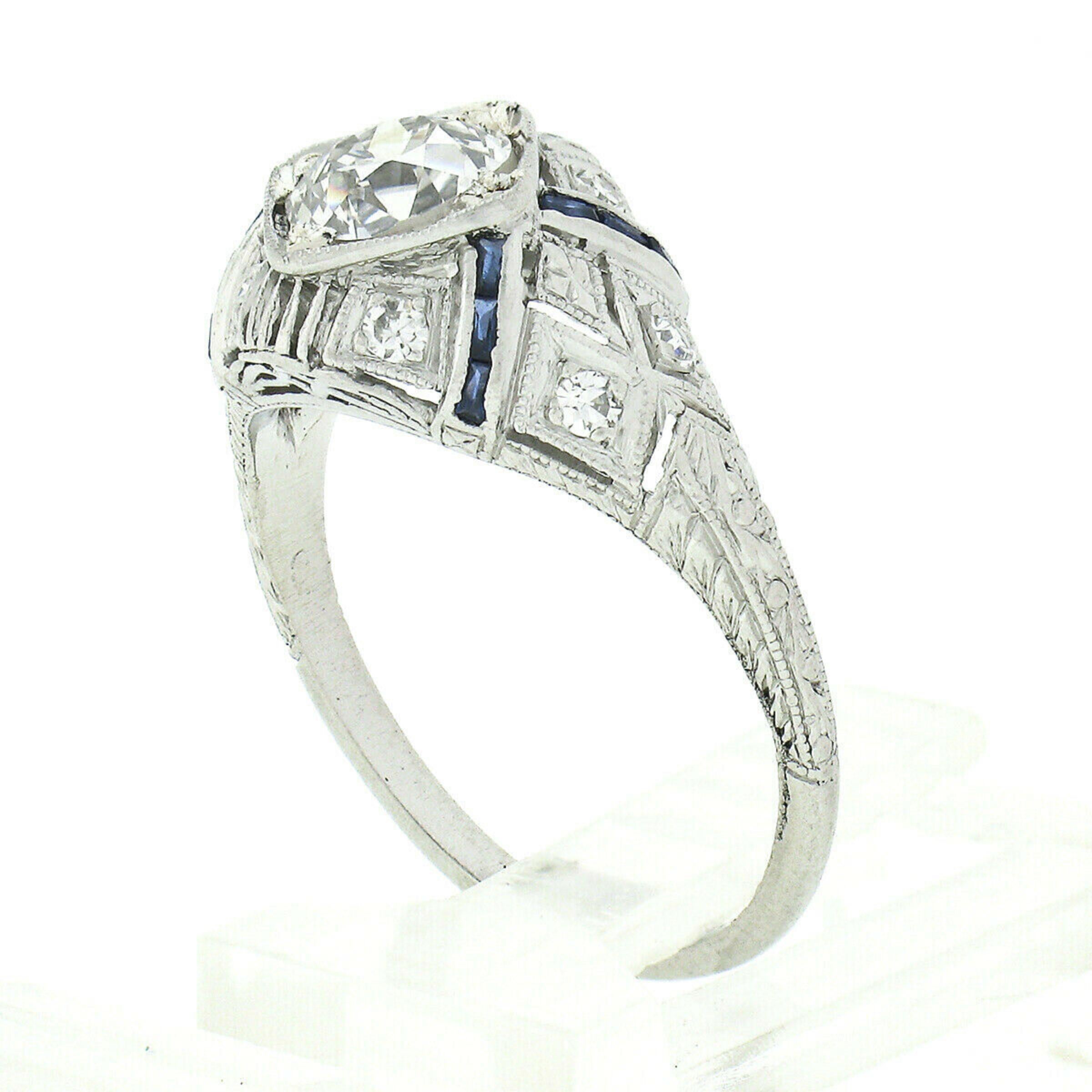 Antique Platinum 1.08ctw GIA European Diamond Solitaire Sapphire Engagement Ring In Good Condition For Sale In Montclair, NJ