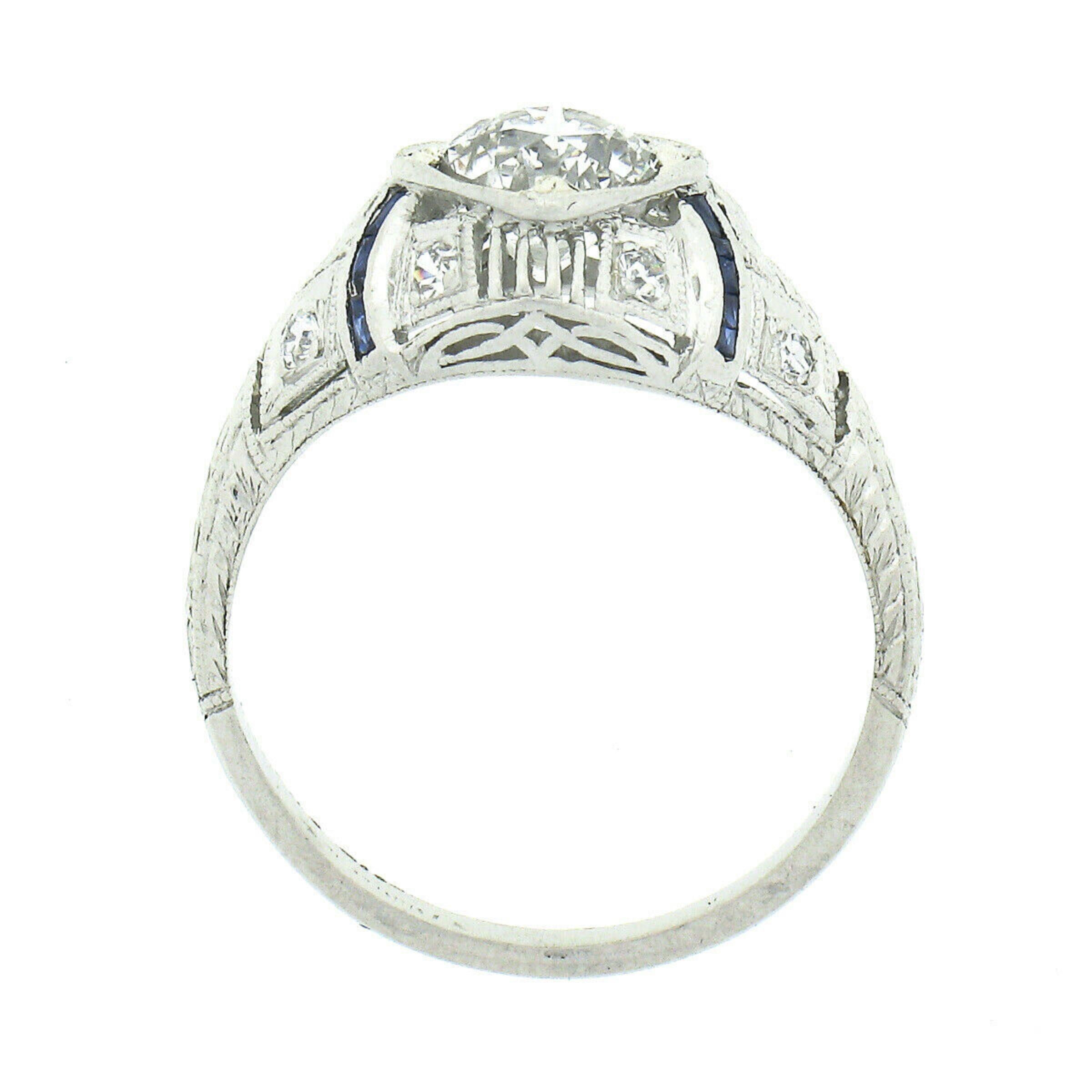 Women's Antique Platinum 1.08ctw GIA European Diamond Solitaire Sapphire Engagement Ring For Sale