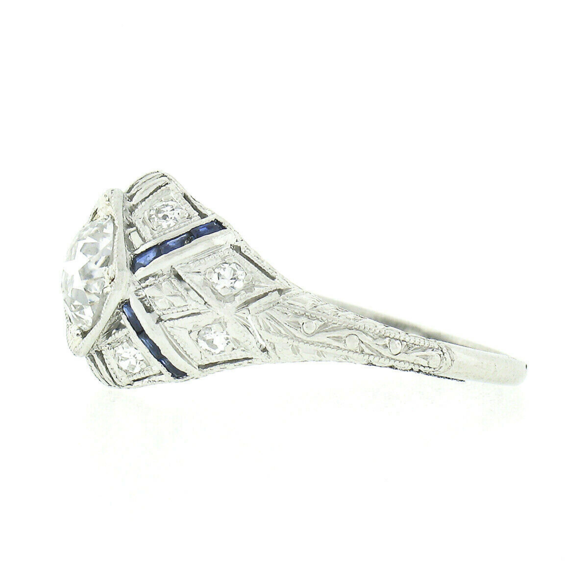 Antique Platinum 1.08ctw GIA European Diamond Solitaire Sapphire Engagement Ring For Sale 1