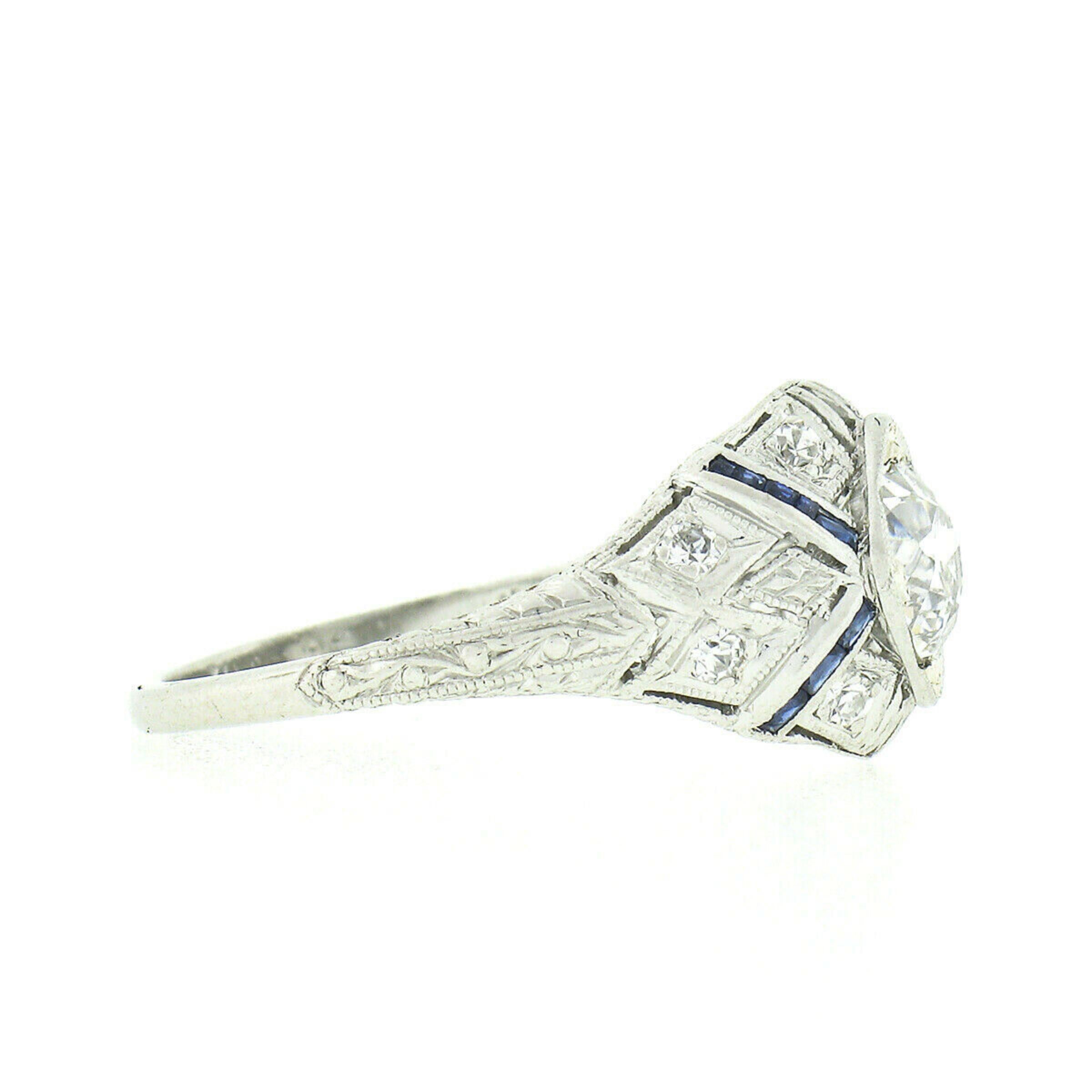 Antique Platinum 1.08ctw GIA European Diamond Solitaire Sapphire Engagement Ring For Sale 2