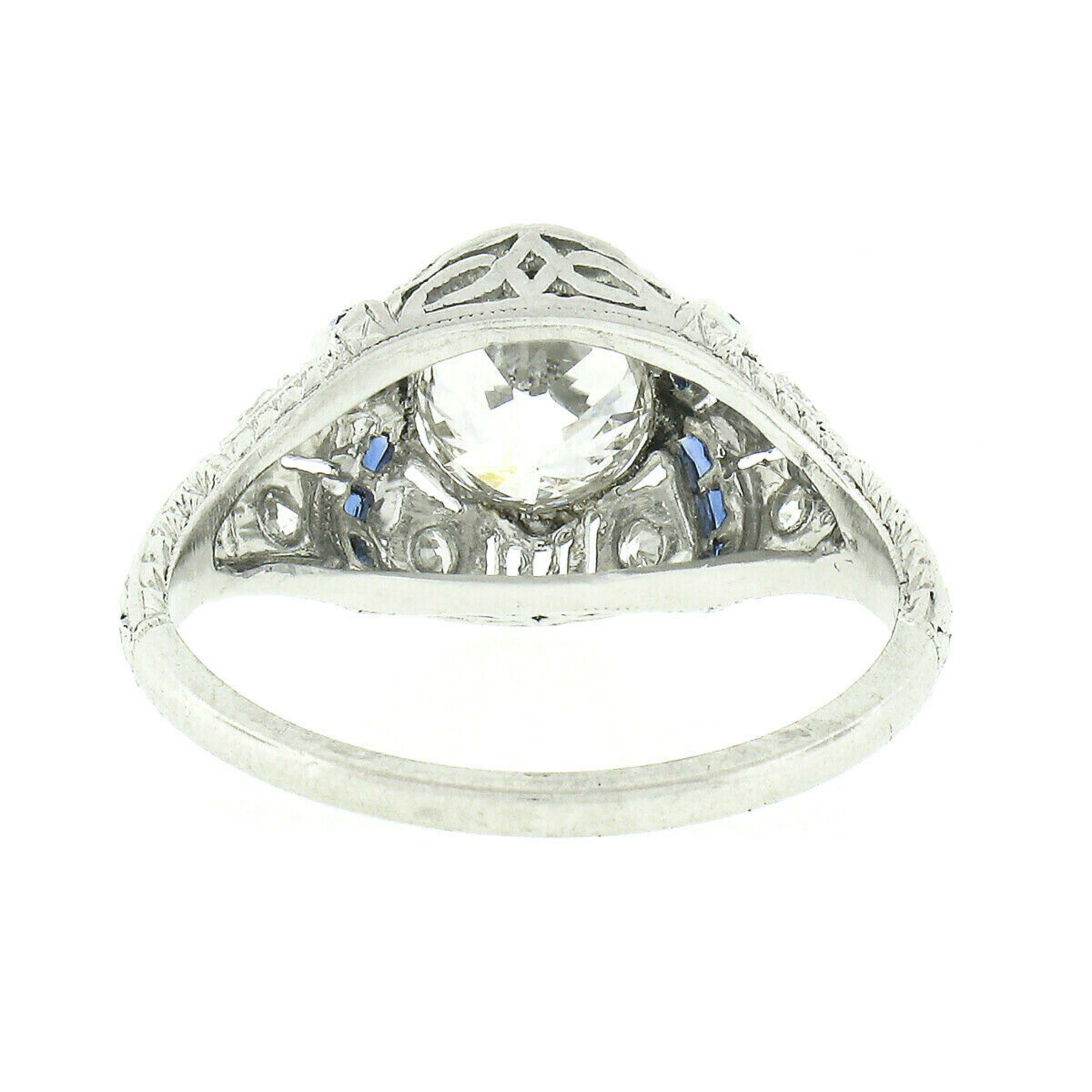 Antique Platinum 1.08ctw GIA European Diamond Solitaire Sapphire Engagement Ring For Sale 3