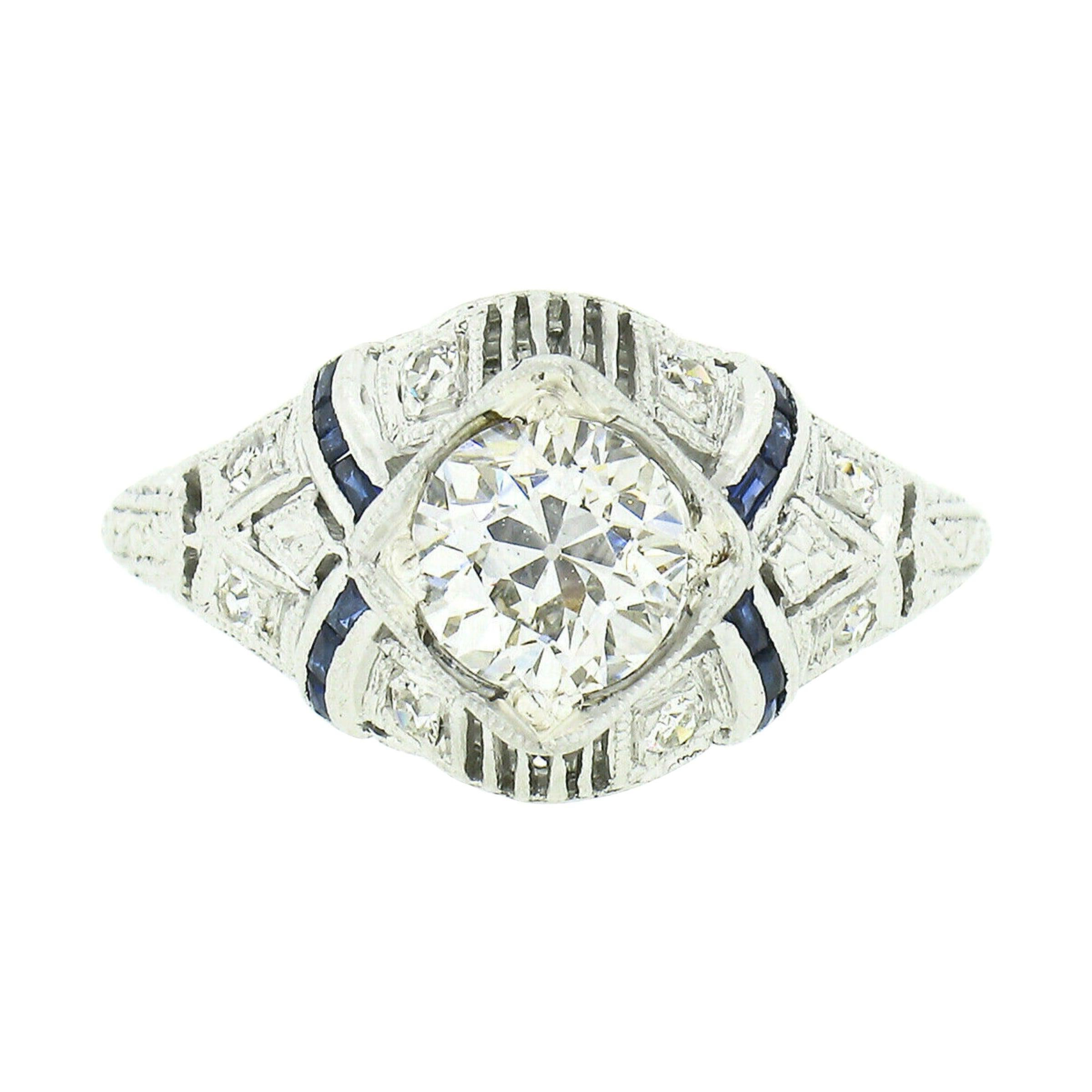 Antique Platinum 1.08ctw GIA European Diamond Solitaire Sapphire Engagement Ring