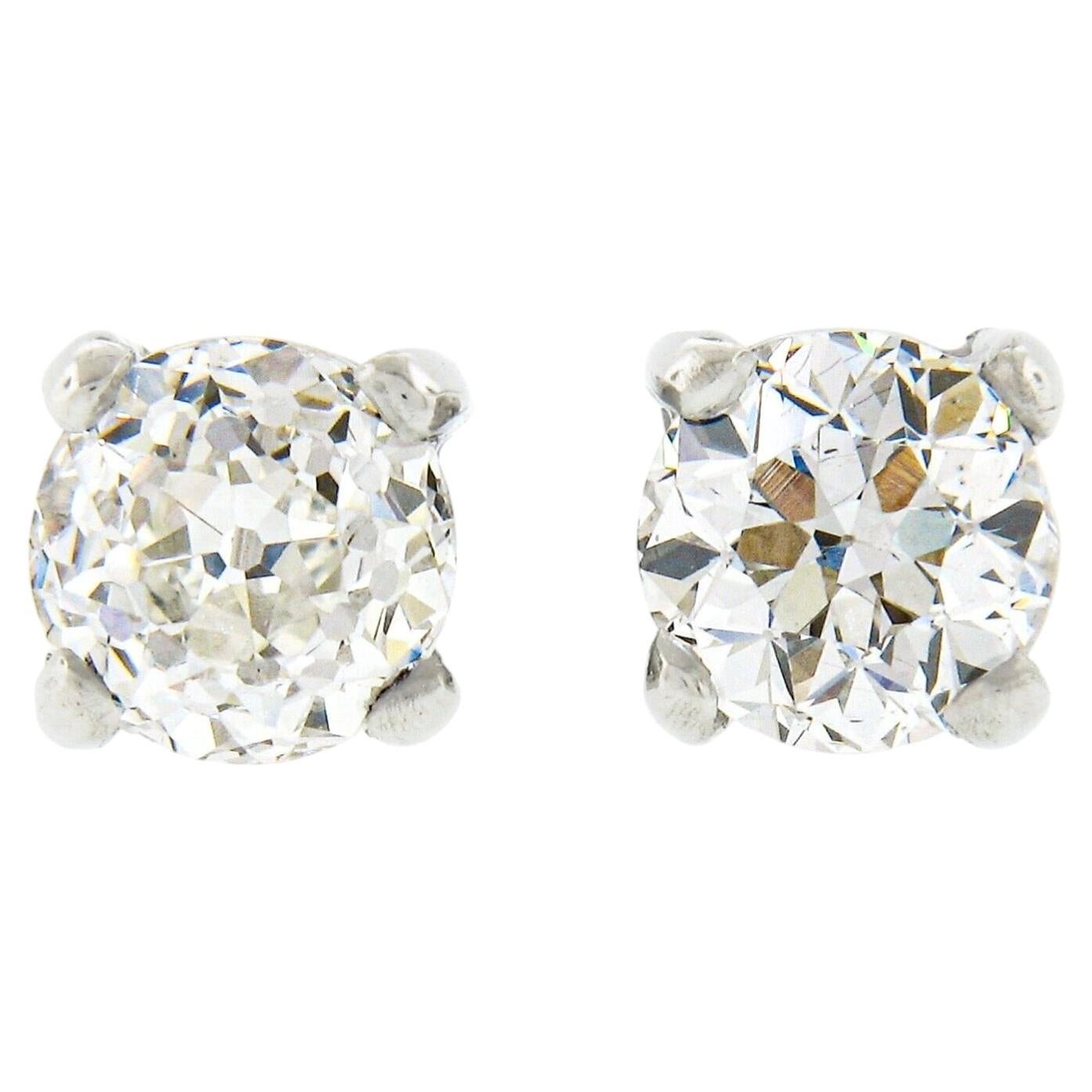 Boucles d'oreilles anciennes en platine 1.0ctw GIA Certified Old European Diamond Prong Earrings