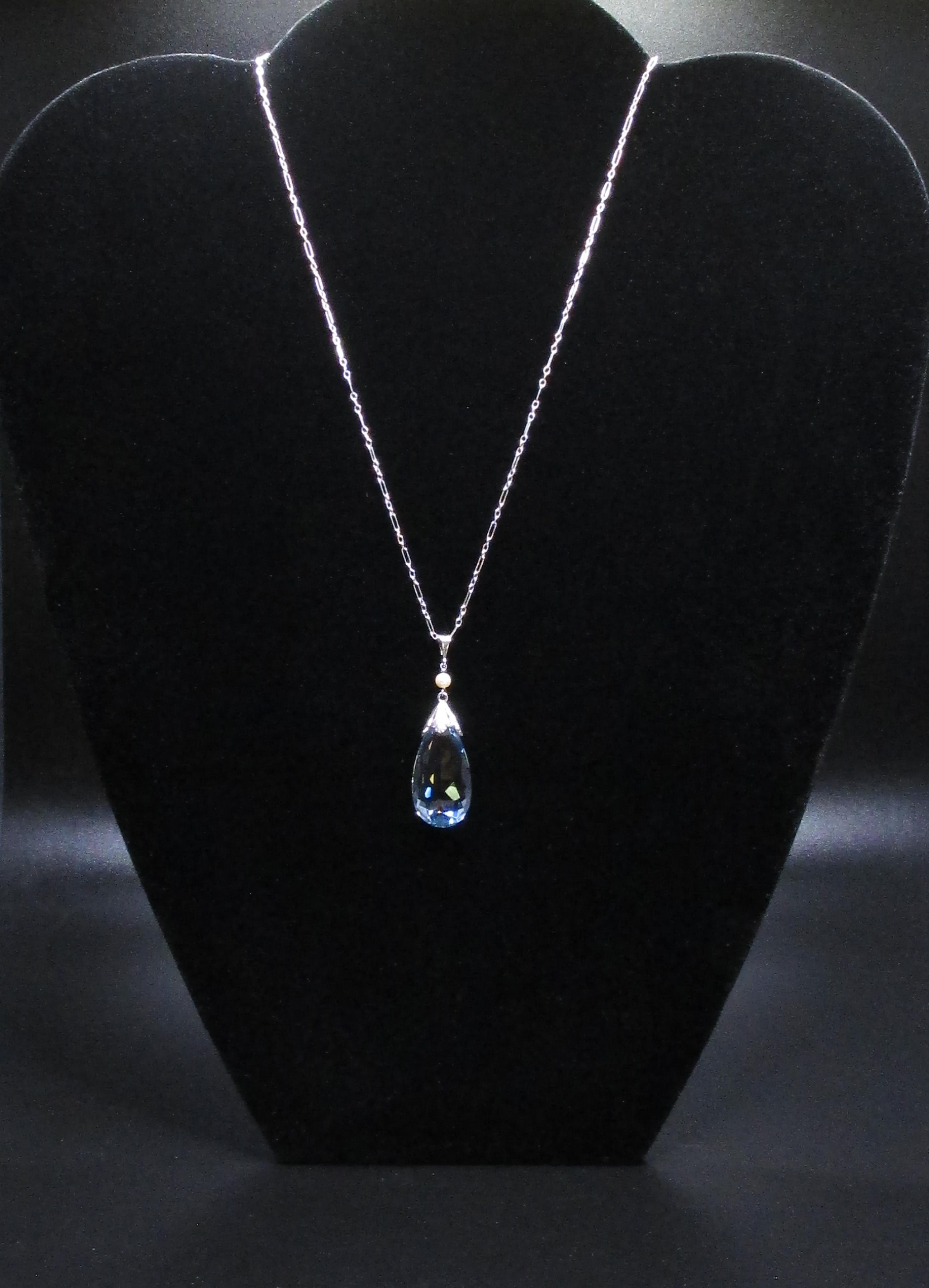 Women's Aquamarine, Pearl, Platinum, 14k Gold, Blue Wedding Pendant Necklace