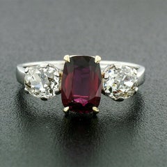 Platinum 14 Karat Gold 2.94 Carat GIA Cushion Ruby Mine Cut Diamond 3-Stone Ring