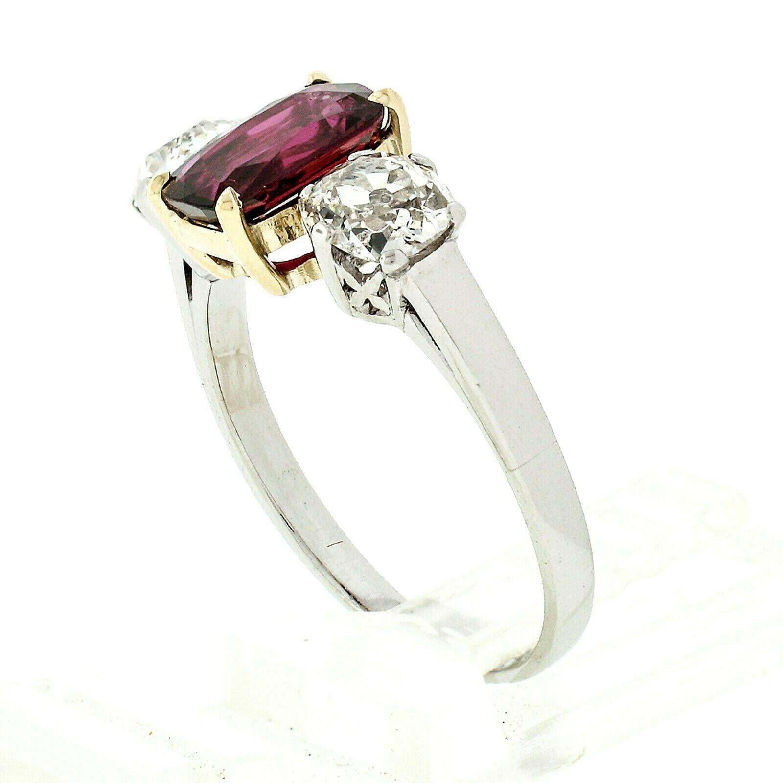 Platinum 14 Karat Gold 2.94 Carat GIA Cushion Ruby Mine Cut Diamond 3-Stone Ring In Good Condition In Montclair, NJ