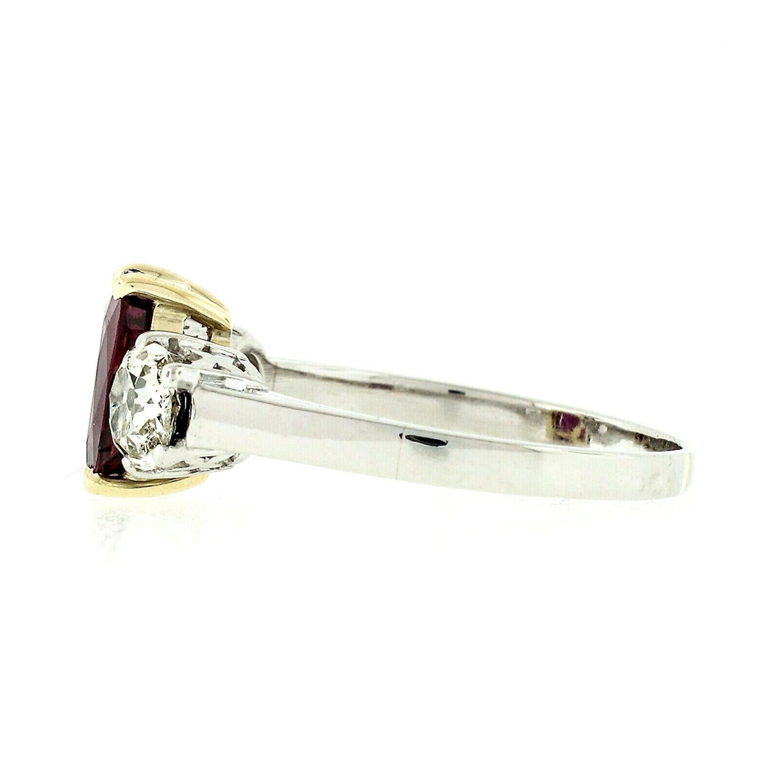 Platinum 14 Karat Gold 2.94 Carat GIA Cushion Ruby Mine Cut Diamond 3-Stone Ring 1