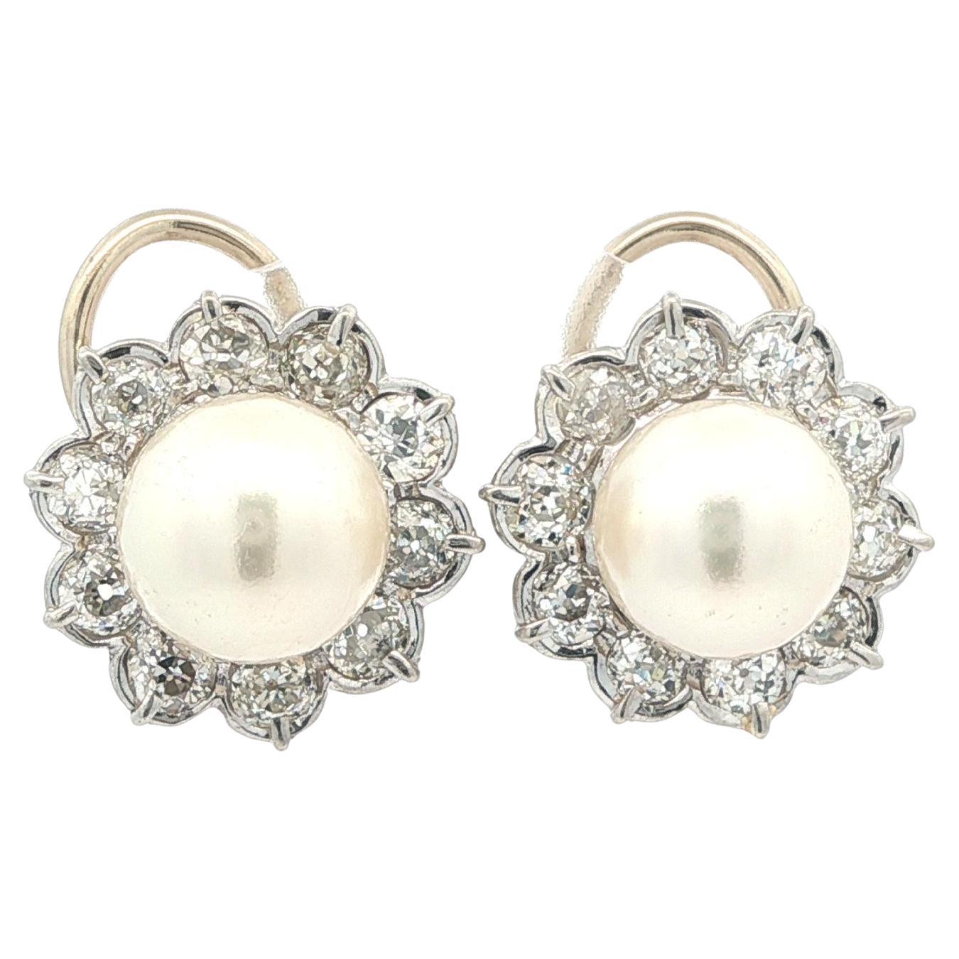 Antique Platinum 14k Gold 9.2mm Pearl 2.30ctw Old Mine Cut Diamond Halo Earrings