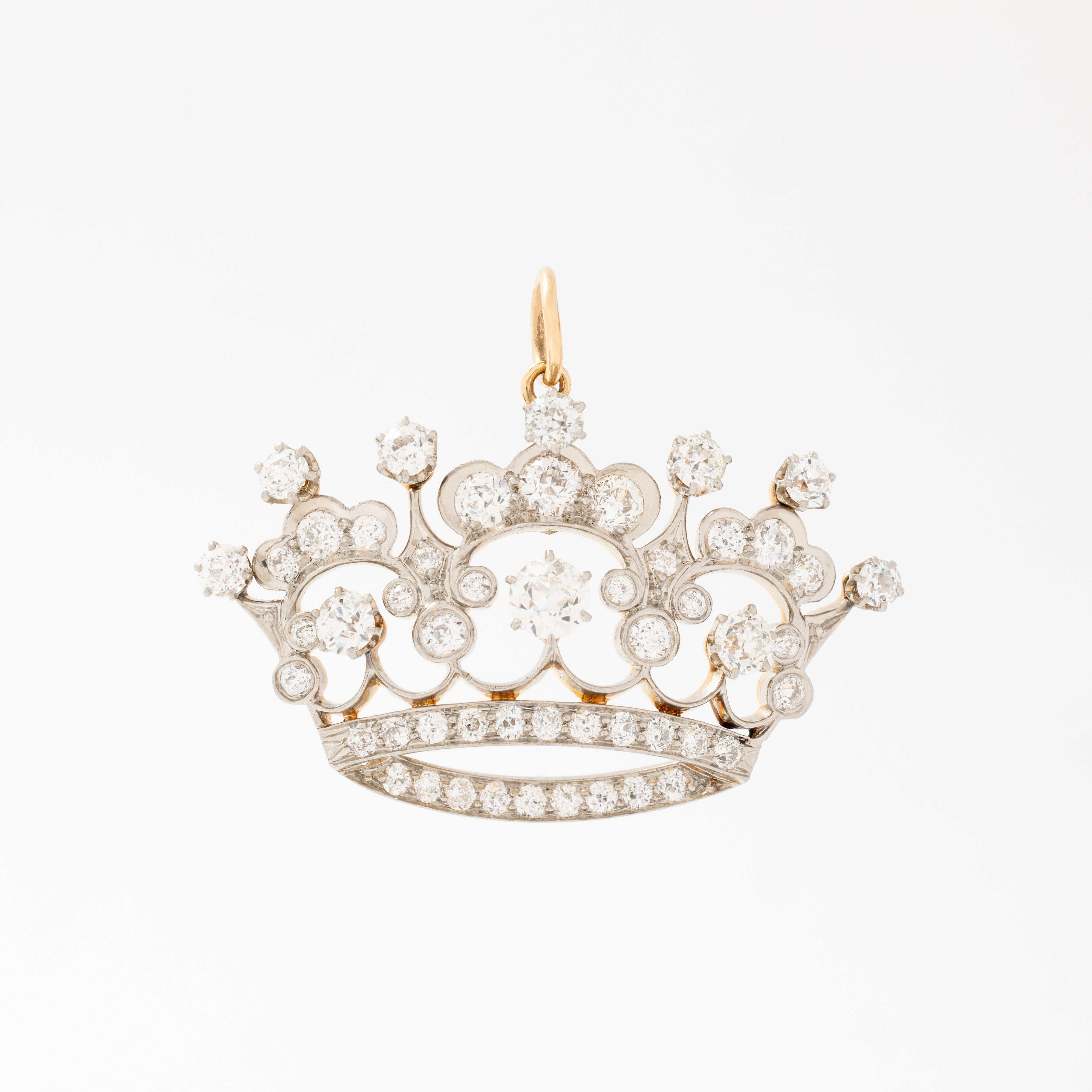 Antiguo Dije Tiara Corona Platino 14K Oro Amarillo 3,50 Quilates Diamante Grande Retro en venta