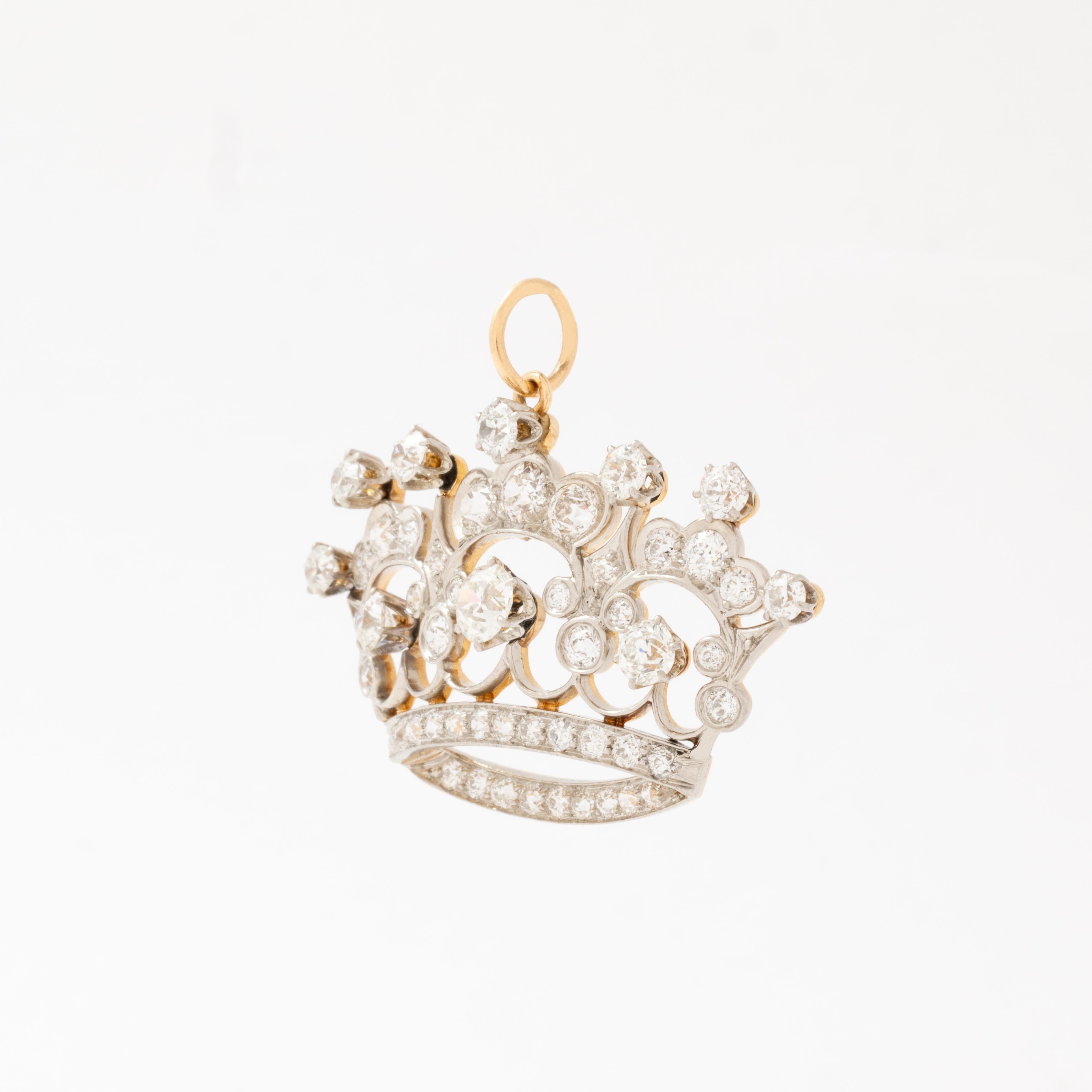 Antiguo Dije Tiara Corona Platino 14K Oro Amarillo 3,50 Quilates Diamante Grande Corte europeo antiguo en venta