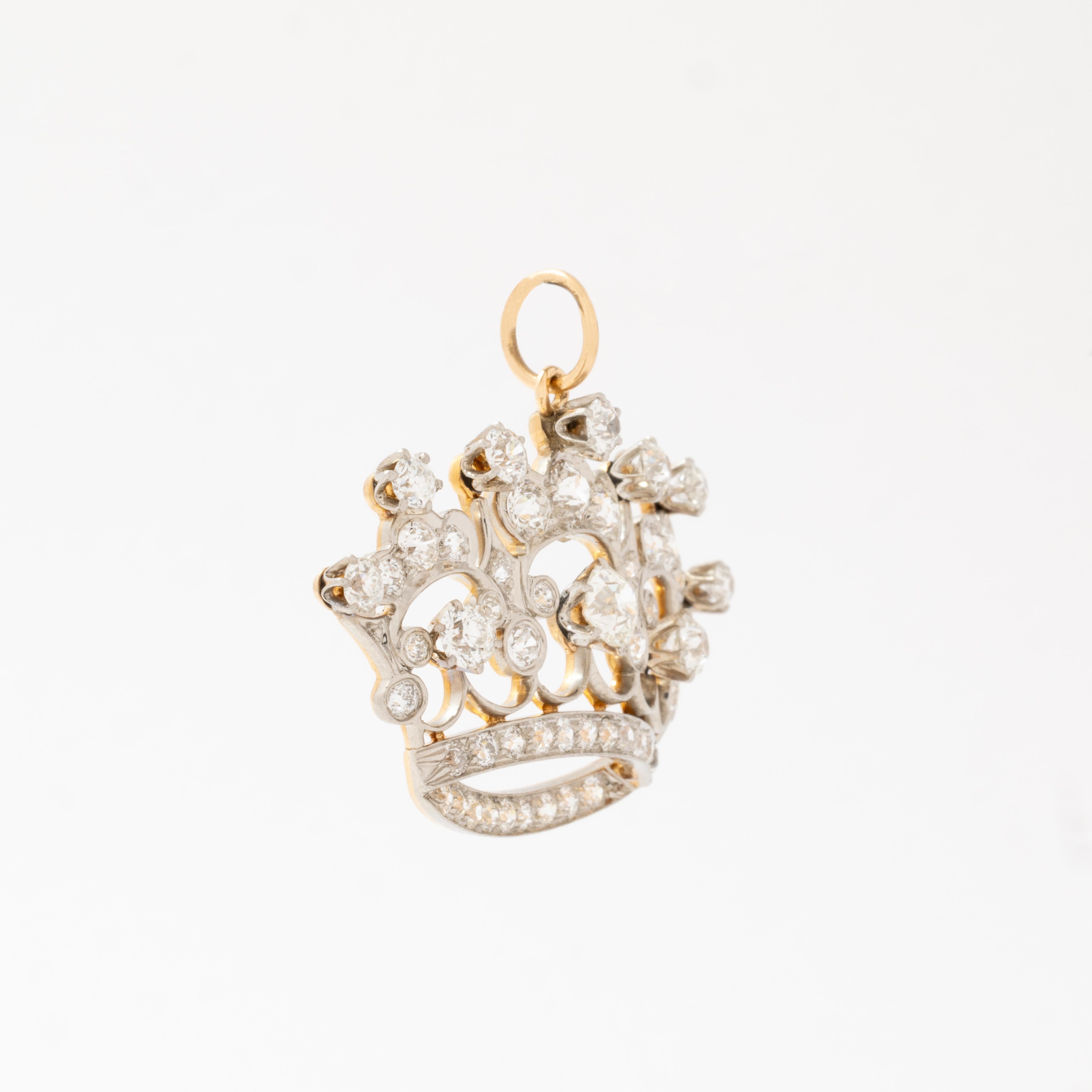 Antiguo Dije Tiara Corona Platino 14K Oro Amarillo 3,50 Quilates Diamante Grande en Bueno estado para la venta en New York, NY