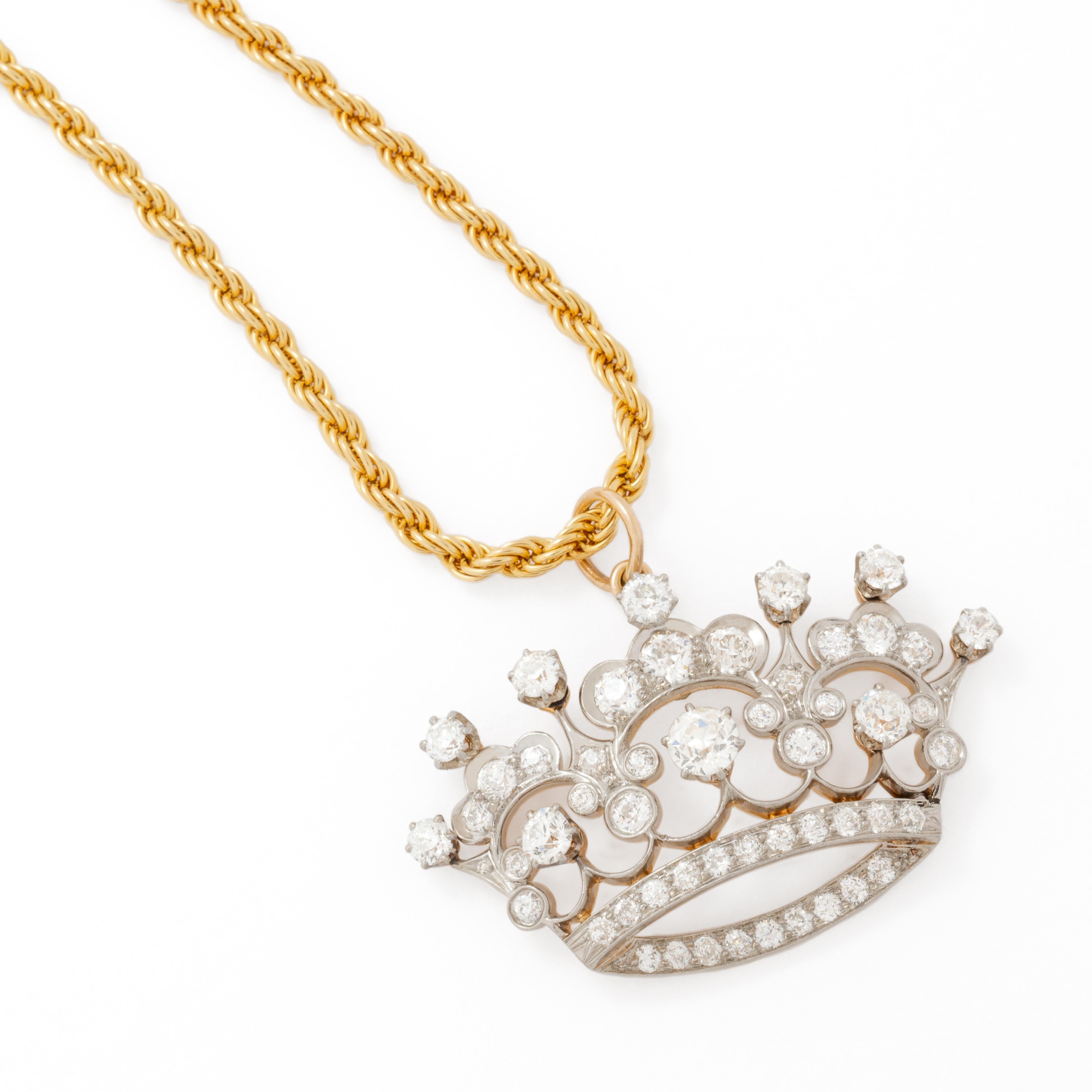 Antiguo Dije Tiara Corona Platino 14K Oro Amarillo 3,50 Quilates Diamante Grande en venta 2