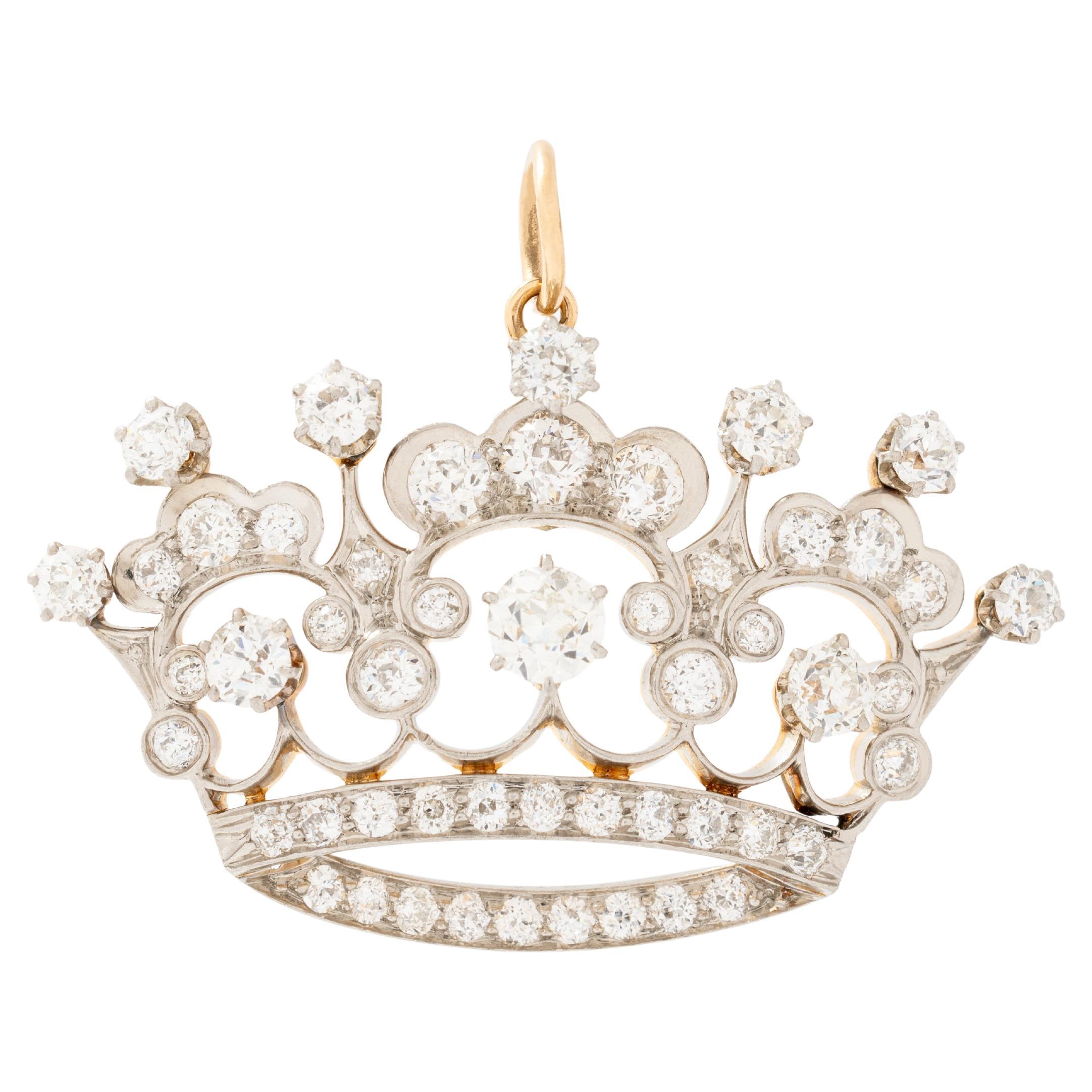 Antiguo Dije Tiara Corona Platino 14K Oro Amarillo 3,50 Quilates Diamante Grande en venta