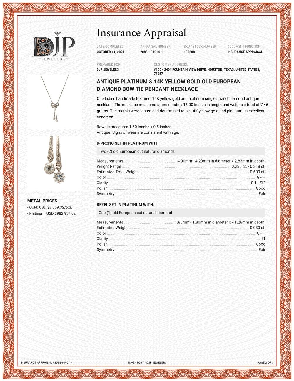 Antike Halskette mit Schleifenanhänger aus Platin und 14 Karat Gelbgold mit alteuropäischem Diamanten 3