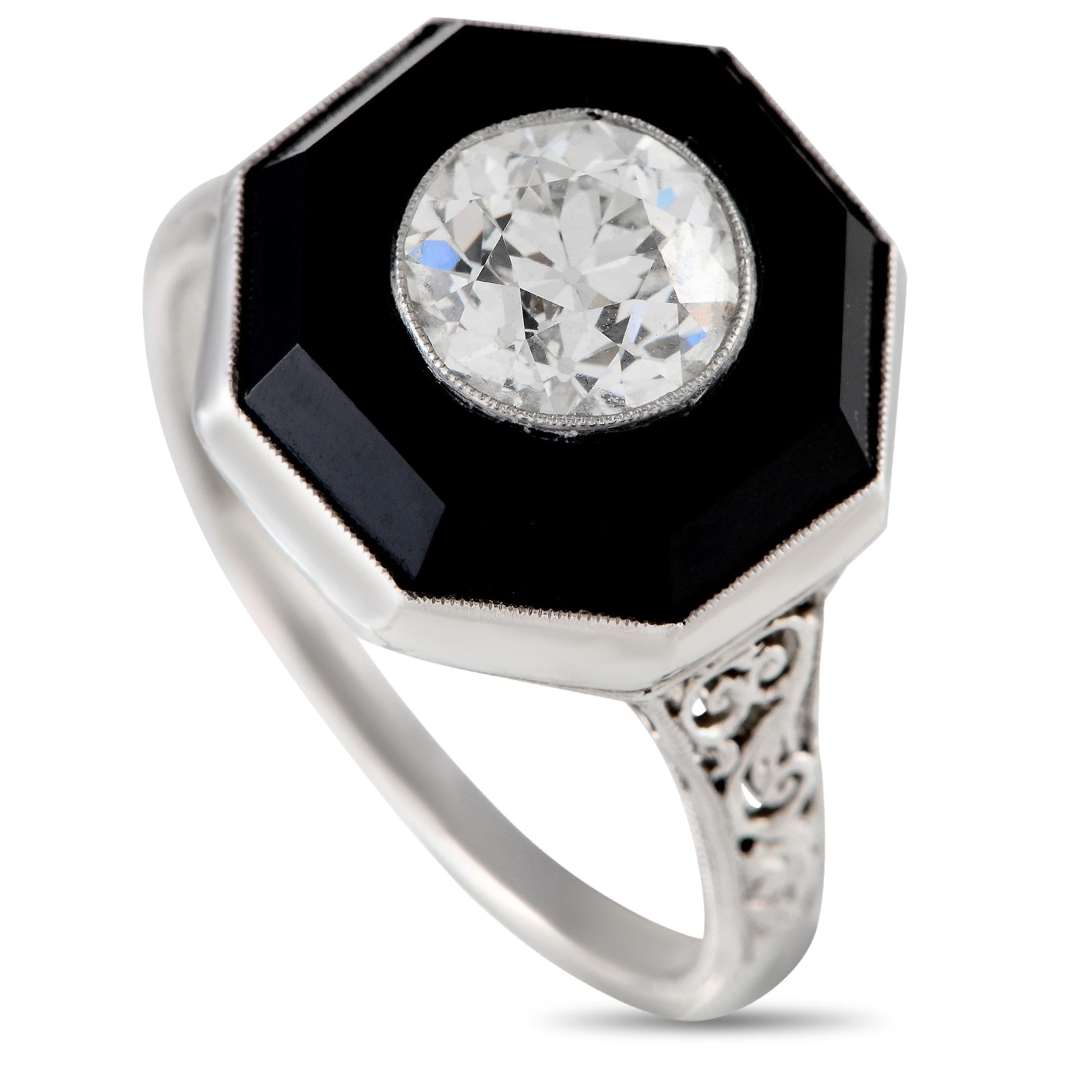 Antique Platinum 1.51ct Diamond and Onyx Ring In Excellent Condition In Southampton, PA