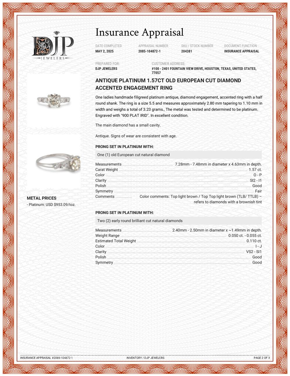 Bague de fiançailles ancienne en platine avec diamant taille européenne ancienne de 1,57 carat en vente 2