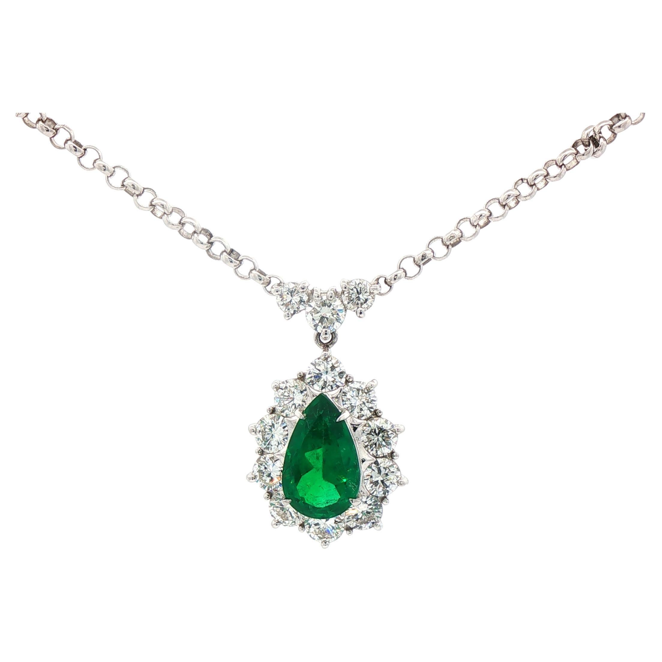 Antique Platinum 1.67ct Colombian Emerald 
Diamond Halo Pendant – GRS Certified For Sale