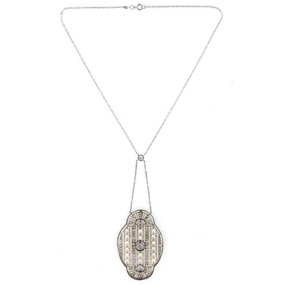 Victorian Antique Platinum 18 Karat Gold Diamond Pearl Filigree Pendant Necklace