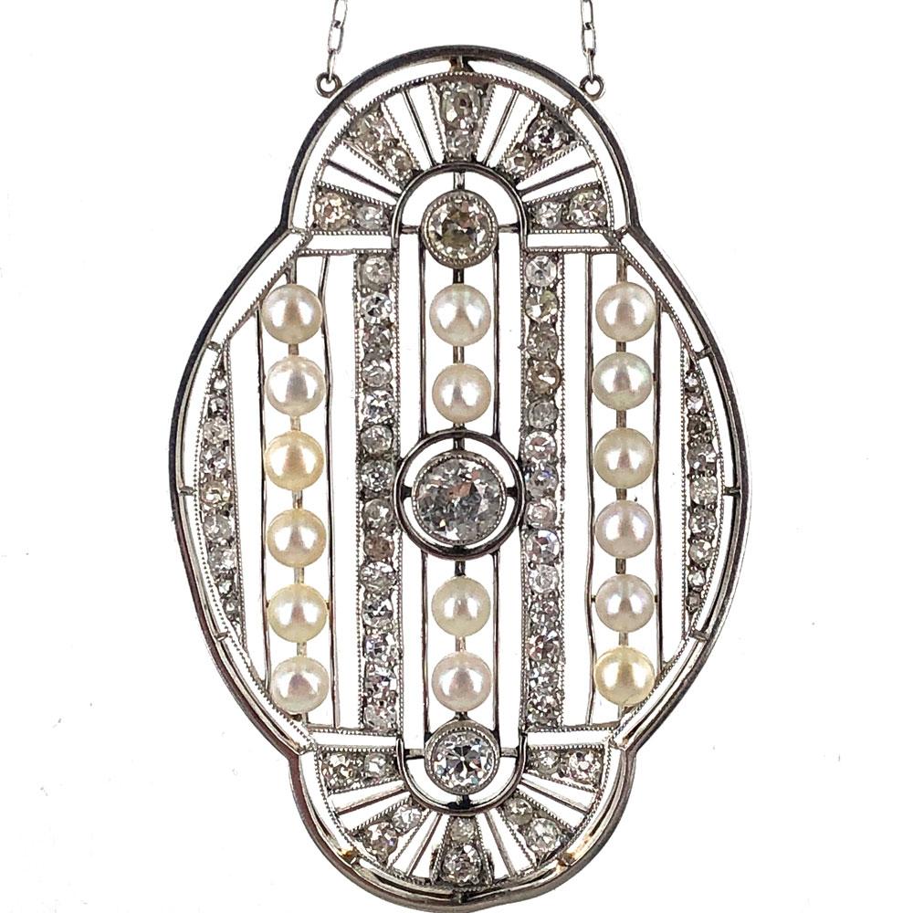 Antique Platinum 18 Karat Gold Diamond Pearl Filigree Pendant Necklace In Good Condition In Boca Raton, FL