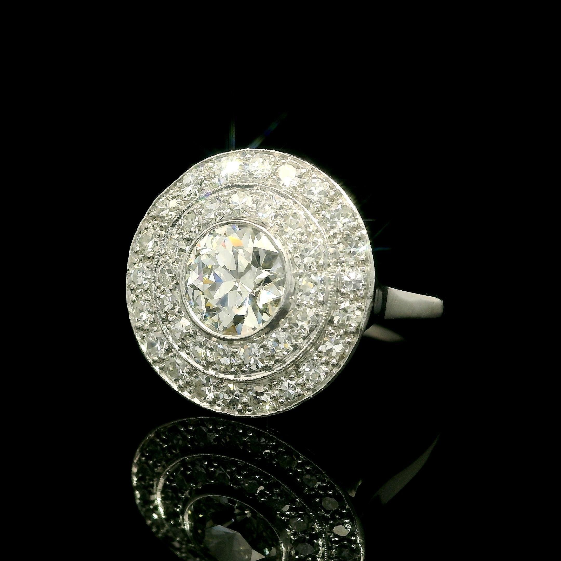 Antiker Platin 1,85 ctw Lünette Alter Diamant Konzentrischer Target Platin-Ring (Alteuropäischer Schliff) im Angebot