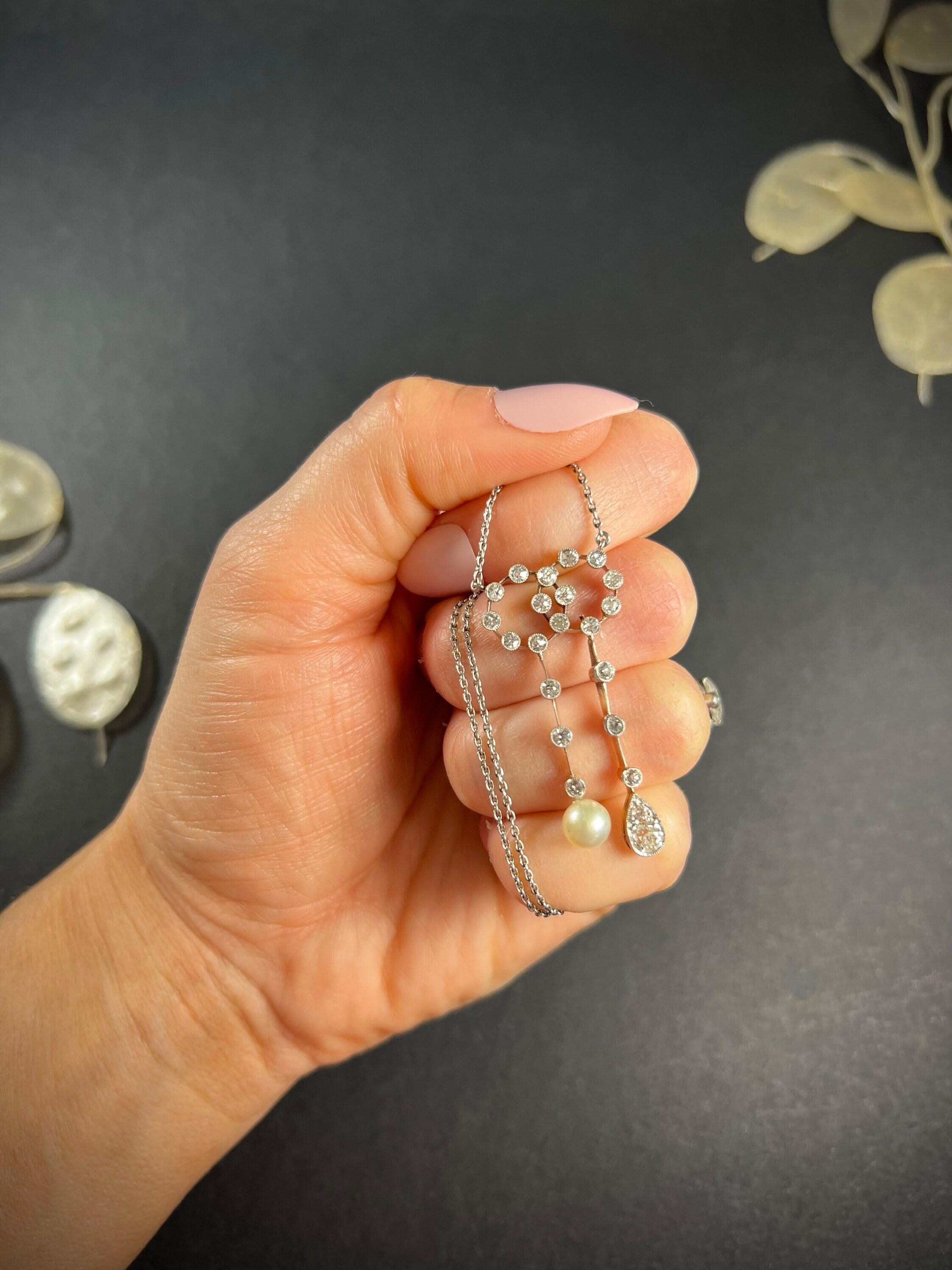 Women's or Men's Antique Platinum & 18ct Gold Edwardian Diamond Pearl Negligee Pendant Necklace For Sale