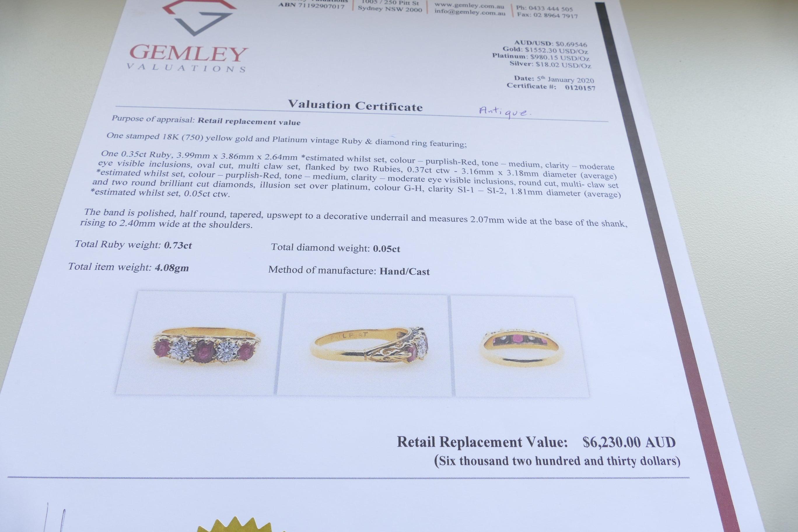 Mixed Cut Antique Platinum and 18 Carat Yellow Gold 3 Ruby 2 Diamond Band Eternity Ring For Sale