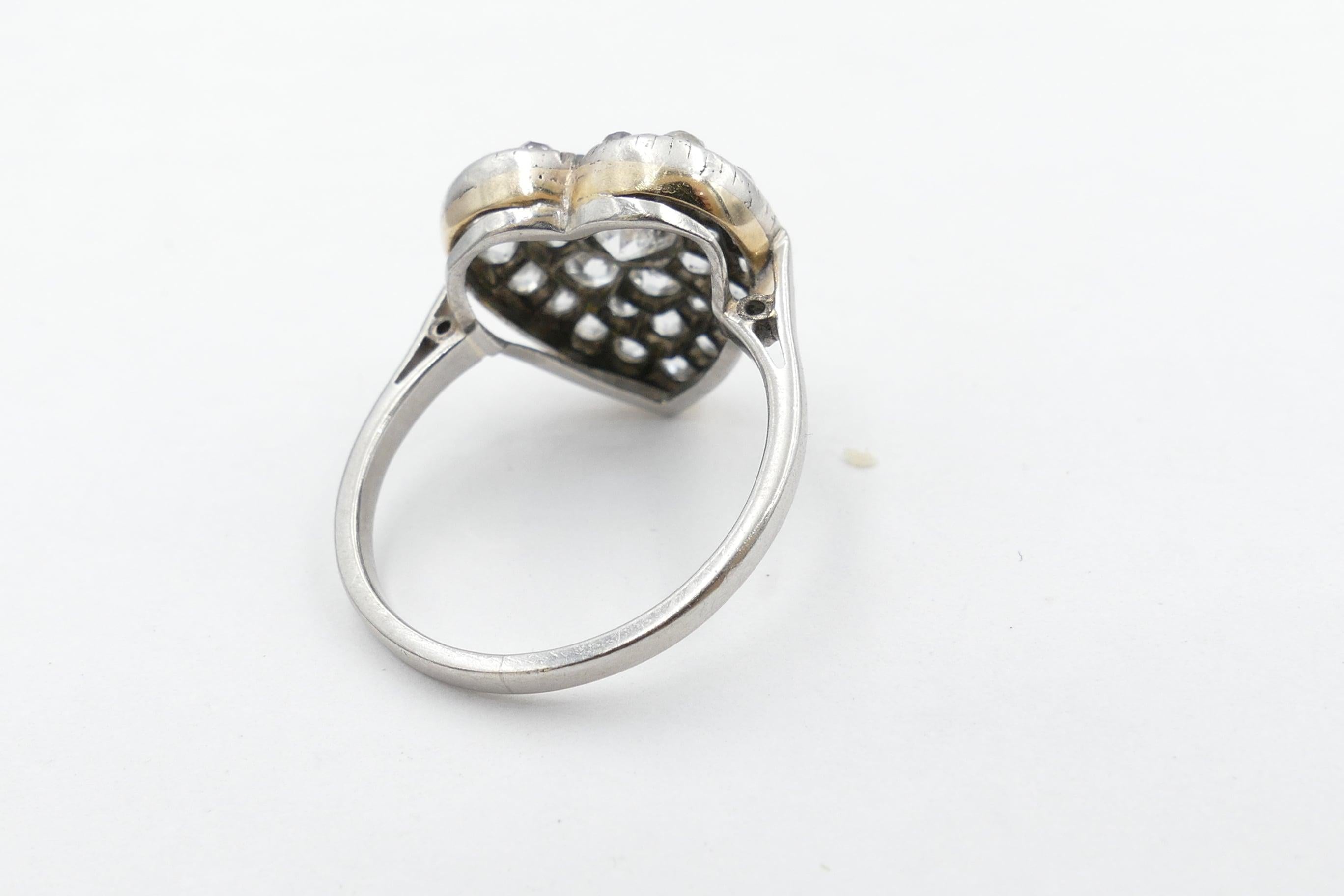 Romantic Antique Platinum and 18 Carat Yellow Gold Heart Shaped Diamond Ring For Sale