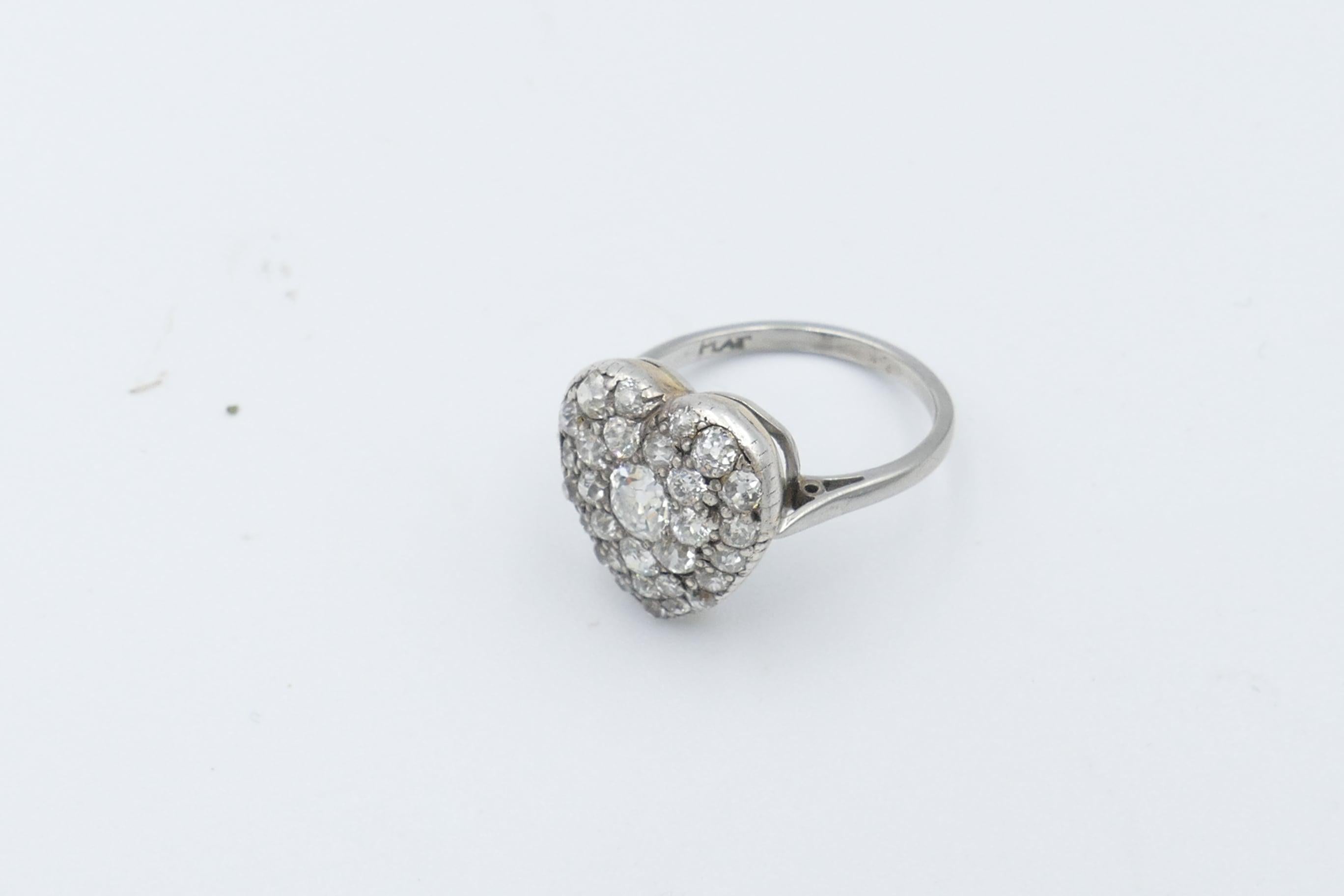 Old European Cut Antique Platinum and 18 Carat Yellow Gold Heart Shaped Diamond Ring For Sale
