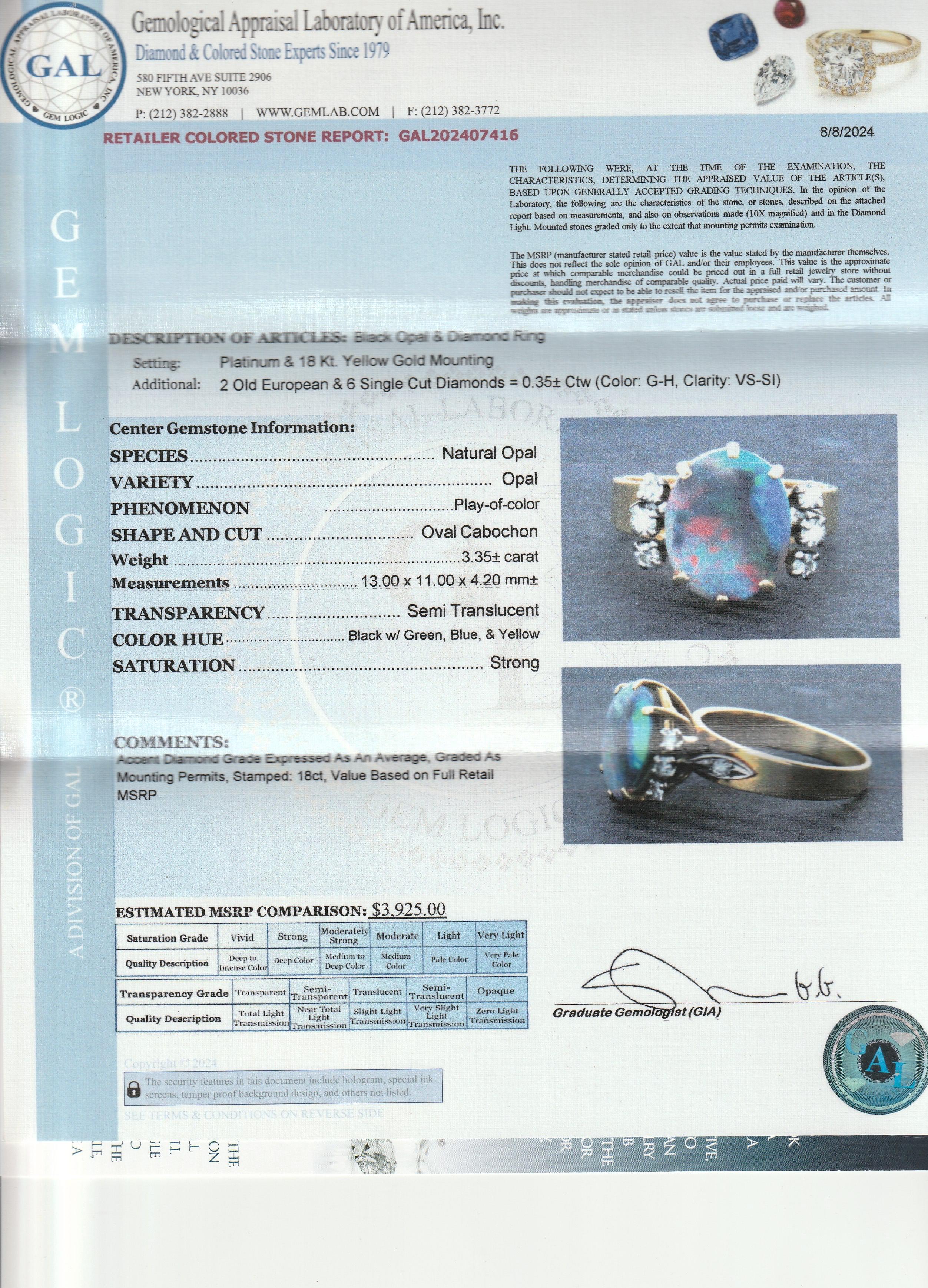 Antique Platinum, 18K Gold, Black Opal, & Diamond Cocktail Ring For Sale 6