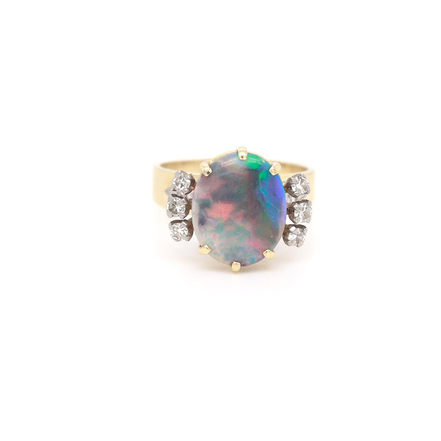 Cabochon Antique Platinum, 18K Gold, Black Opal, & Diamond Cocktail Ring For Sale