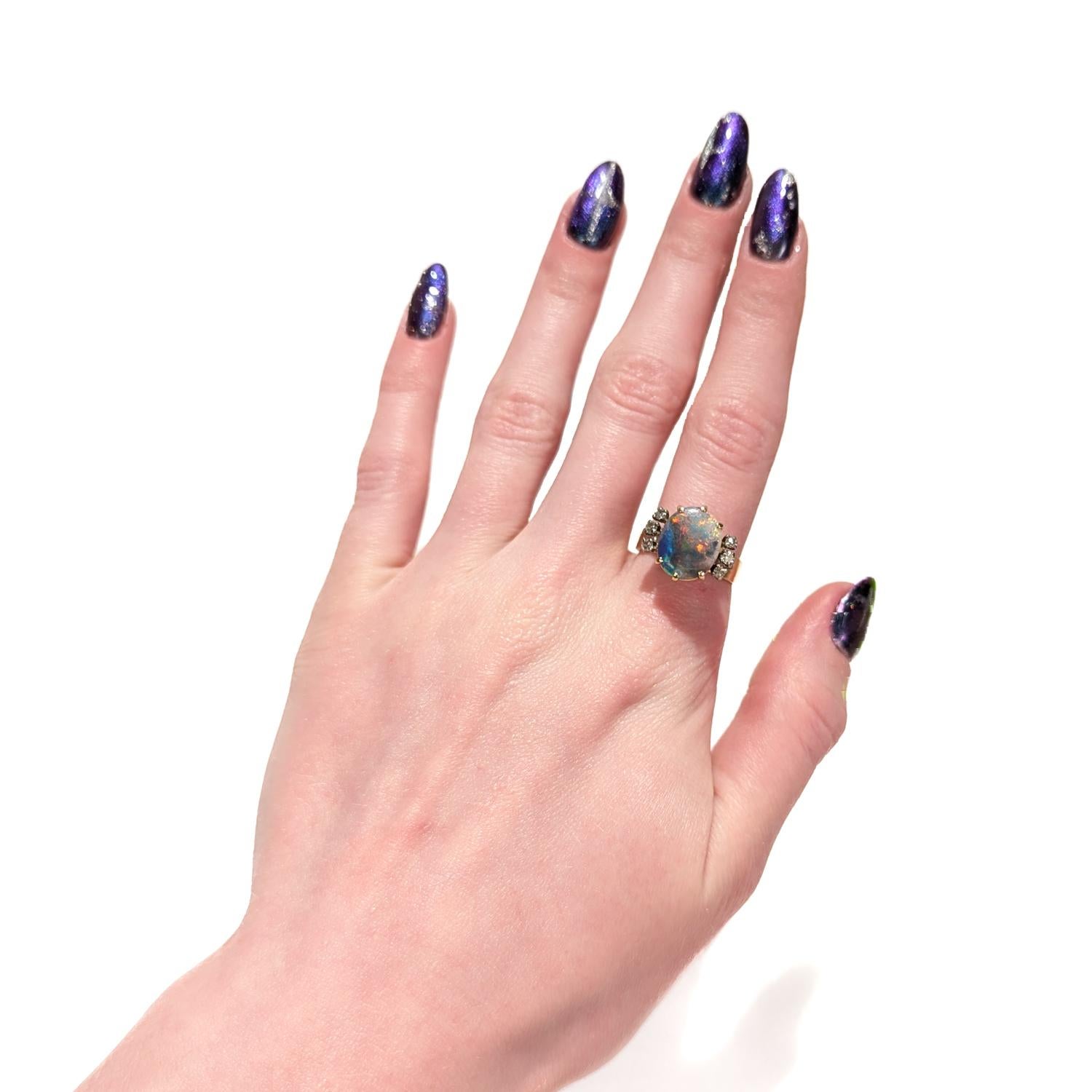 Antique Platinum, 18K Gold, Black Opal, & Diamond Cocktail Ring In Fair Condition For Sale In Philadelphia, PA