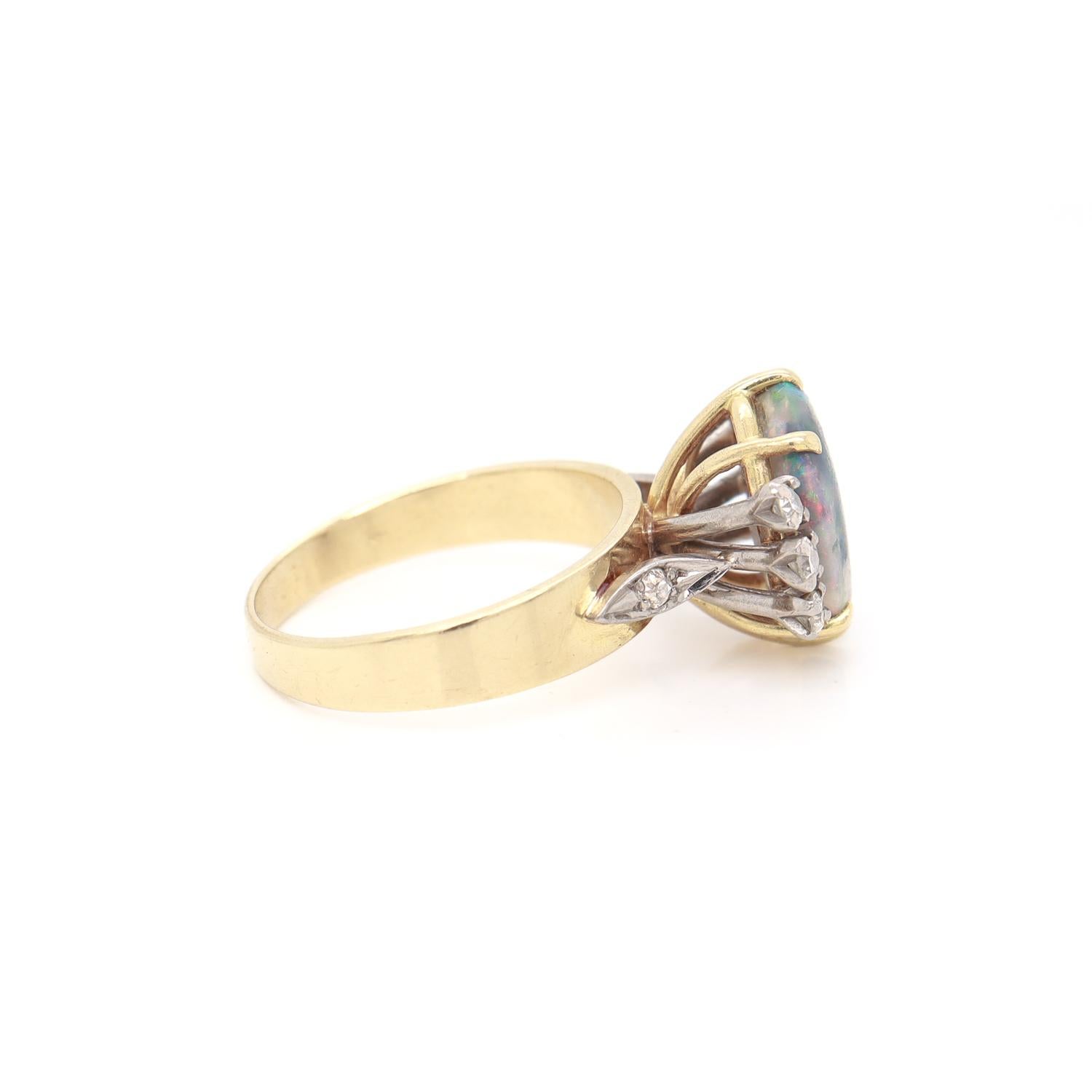 Antique Platinum, 18K Gold, Black Opal, & Diamond Cocktail Ring For Sale 2